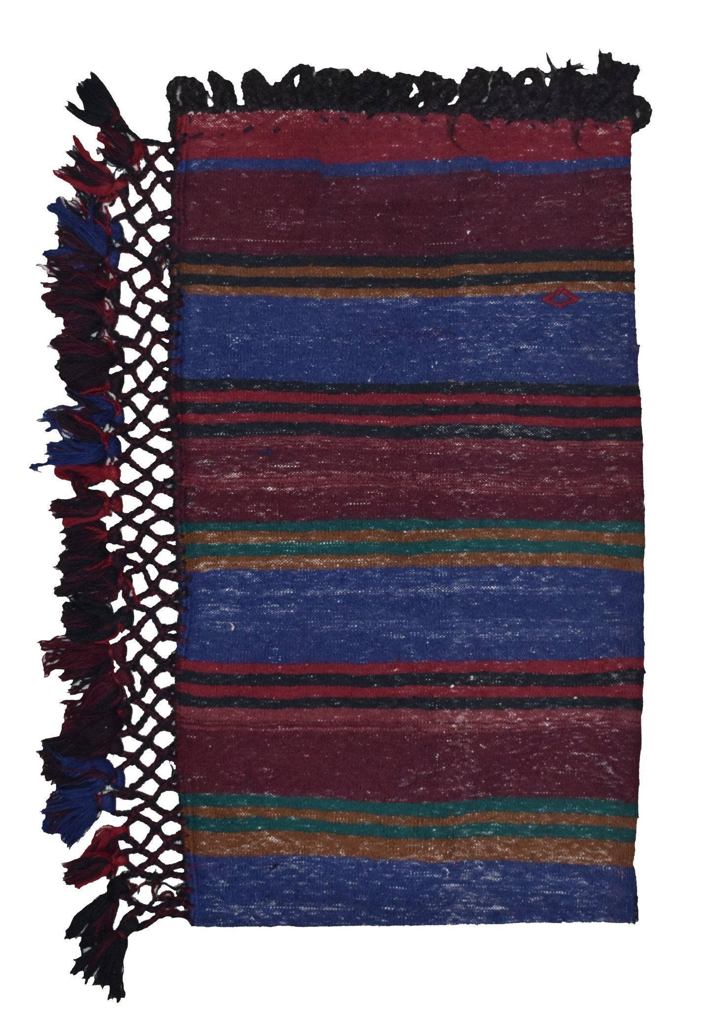 A rectangular vintage Afghan Baluch wool cushion featuring horizontal stripes and tasseled edges.