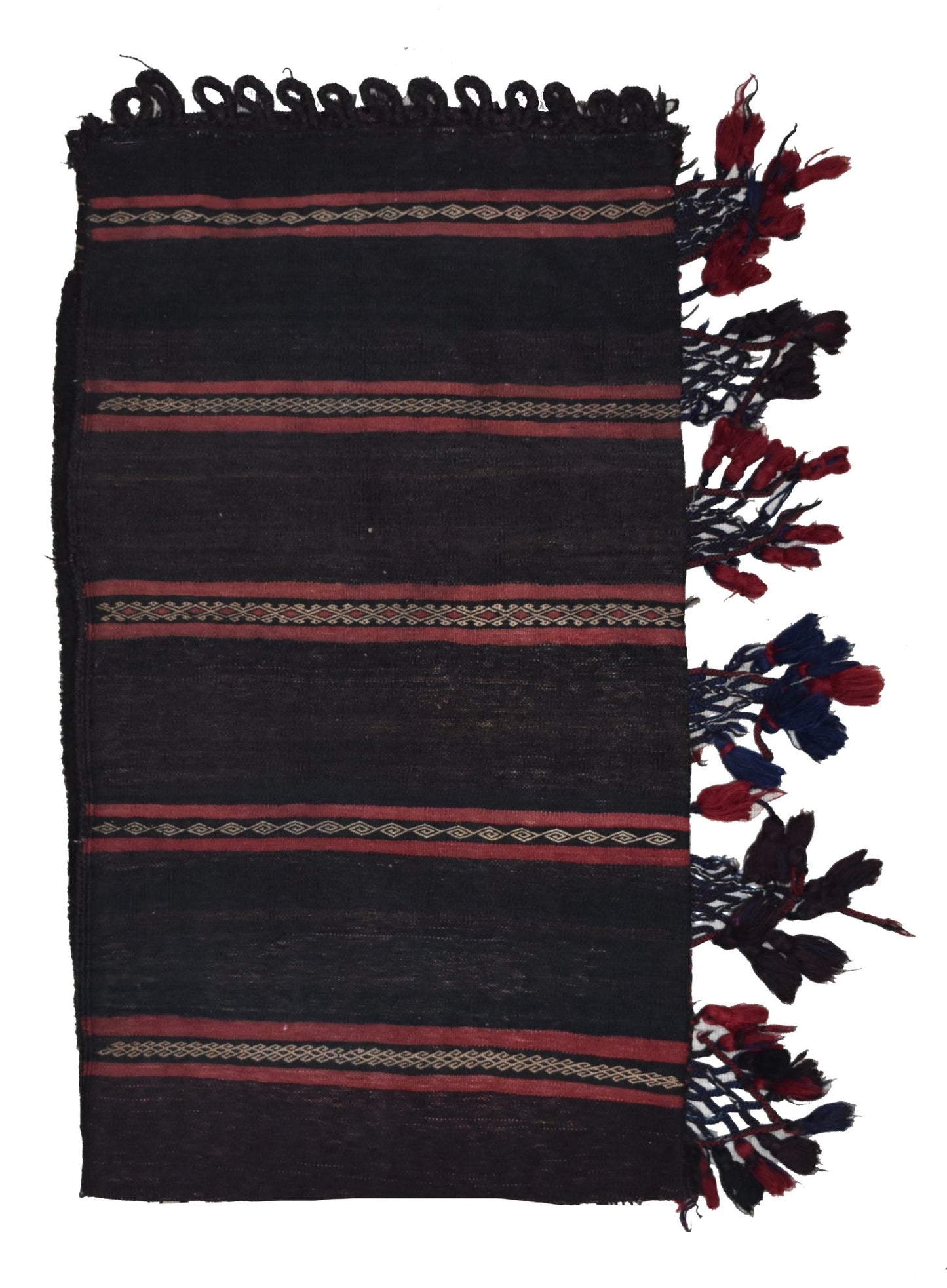 A rectangular vintage Afghan Baluch cushion featuring black wool with red and white geometric stripes.