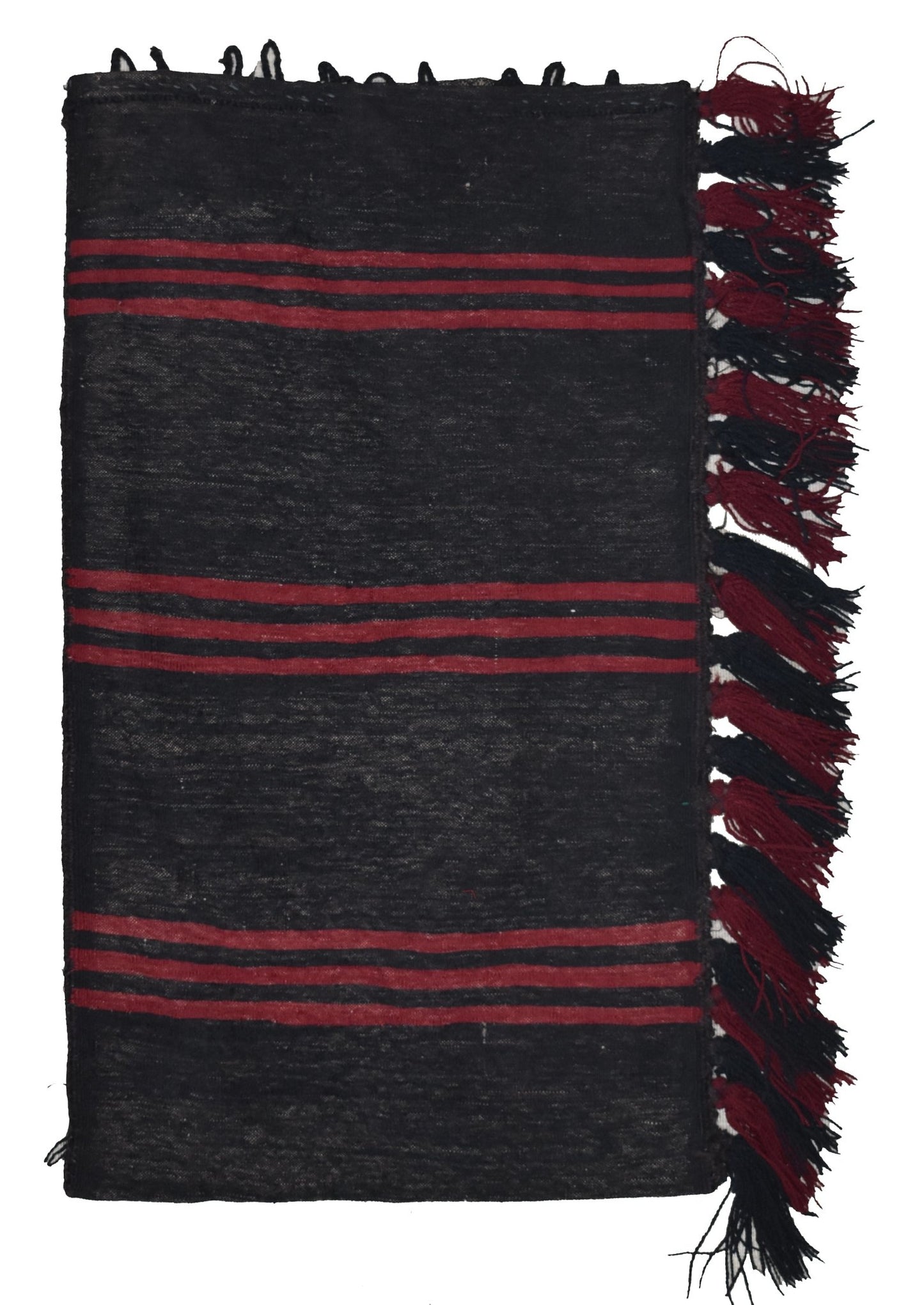 A rectangular black wool cushion with red horizontal stripes and decorative fringed edges.