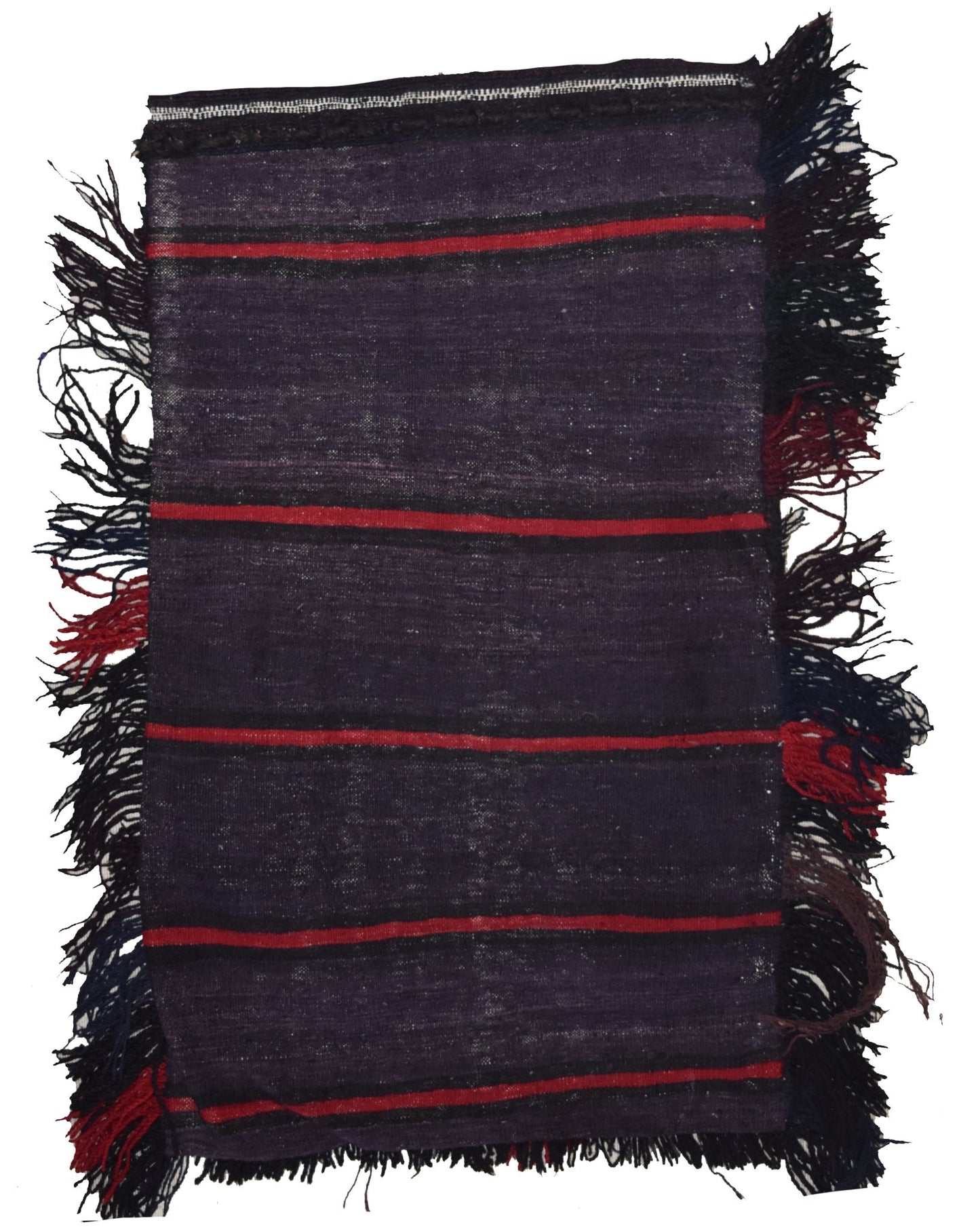 A rectangular, handmade vintage Afghan wool cushion featuring dark purple fabric with red stripes.