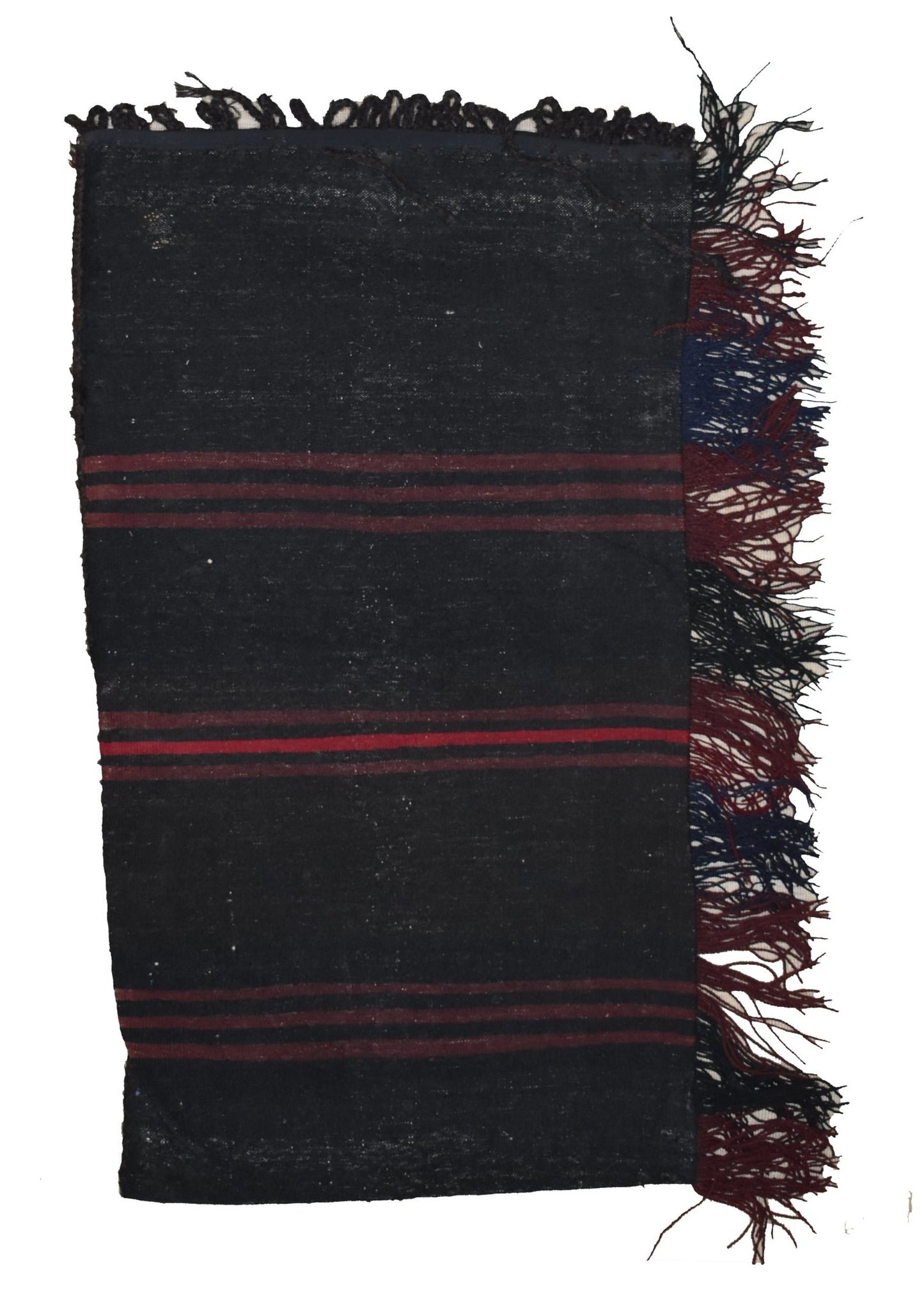 A rectangular, handmade Afghan wool cushion featuring black fabric with dark red striped accents.