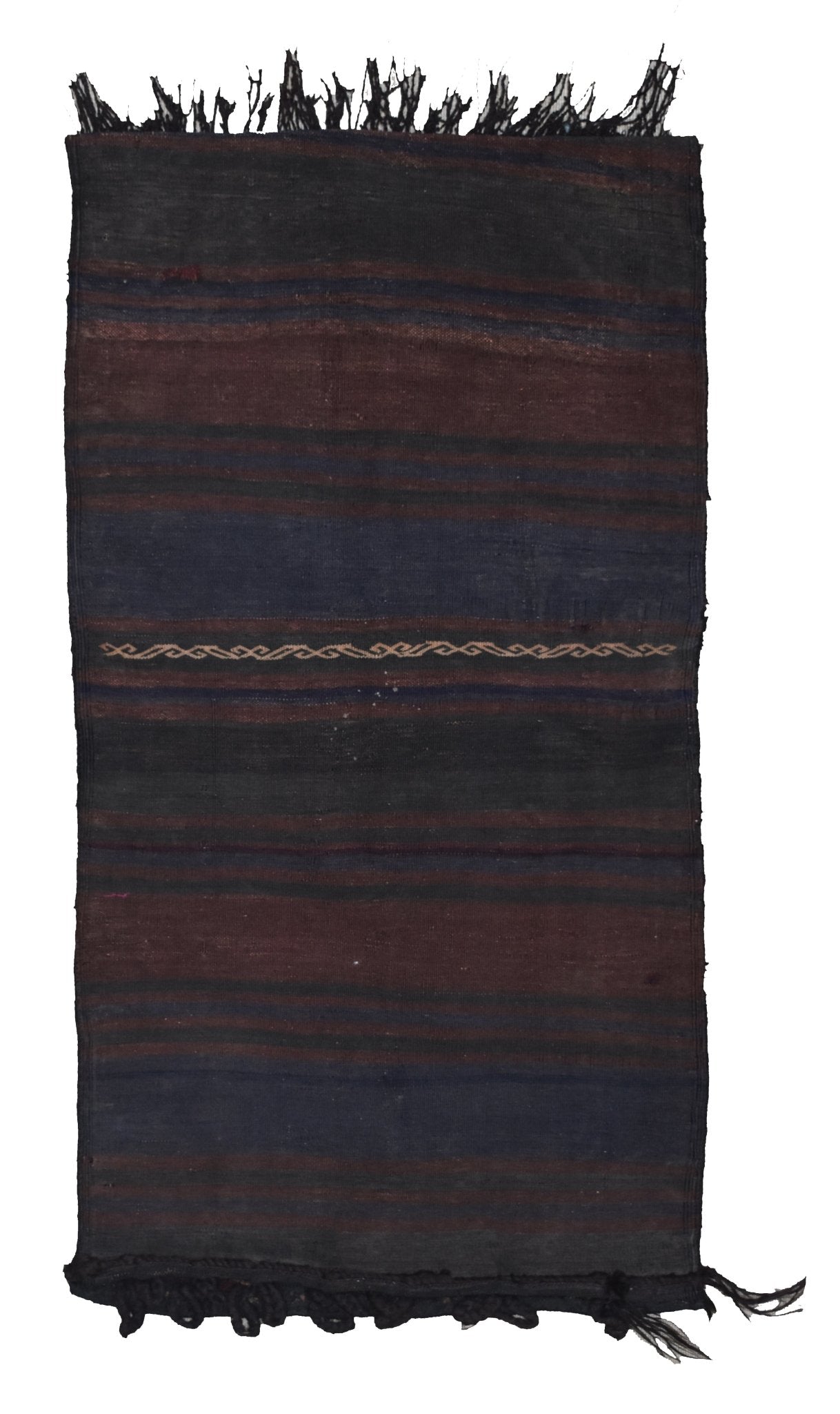 A rectangular handmade Afghan Baluch wool cushion featuring dark striped patterns and fringe.