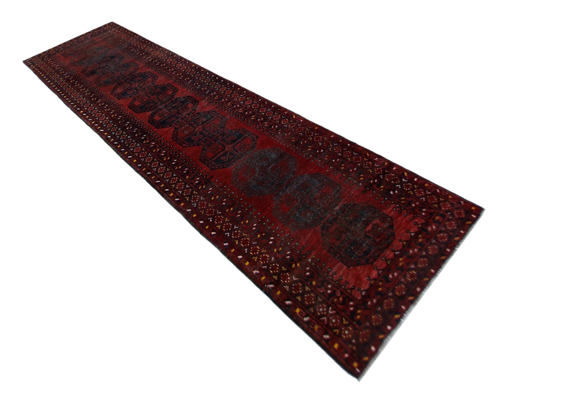 Handmade Vintage Afghan Turkmen Hallway Runner | 400 x 98 cm | 13’1” x 3'2" - Najaf Rugs & Textile