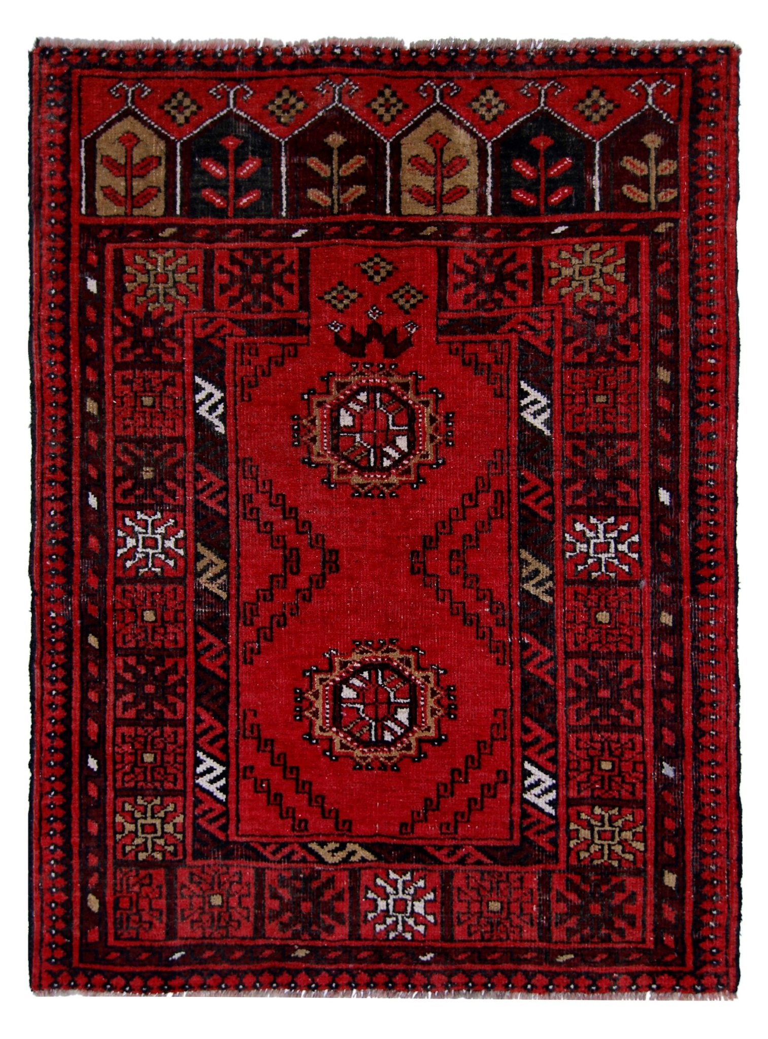 Handmade Vintage Afghan Turkmen Prayer Rug | 100 x 78 cm | 3'3" x 2'7" - Najaf Rugs & Textile