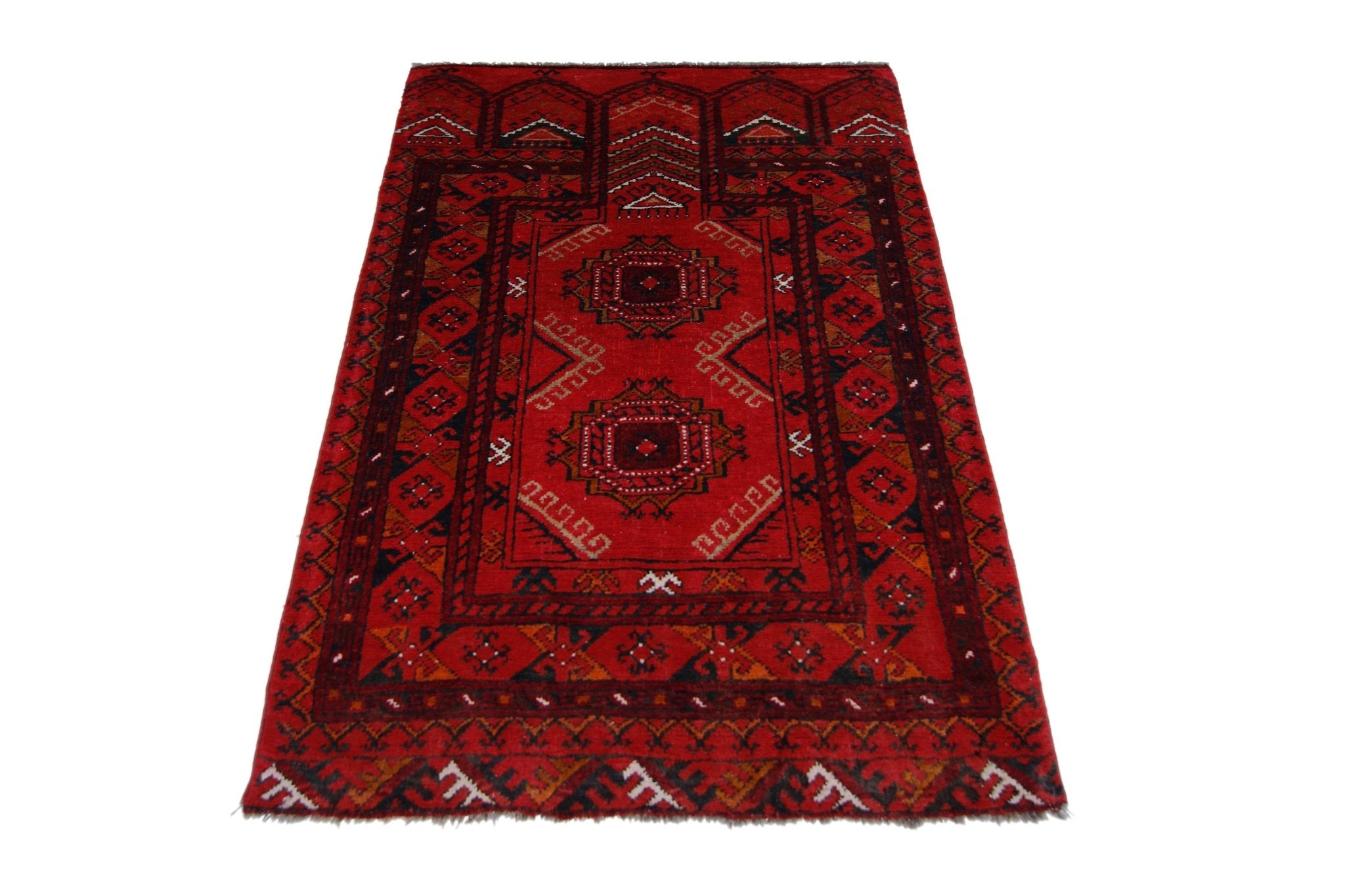 Handmade Vintage Afghan Turkmen Prayer Rug | 110 x 71 cm | 3'8" x 2'4" - Najaf Rugs & Textile