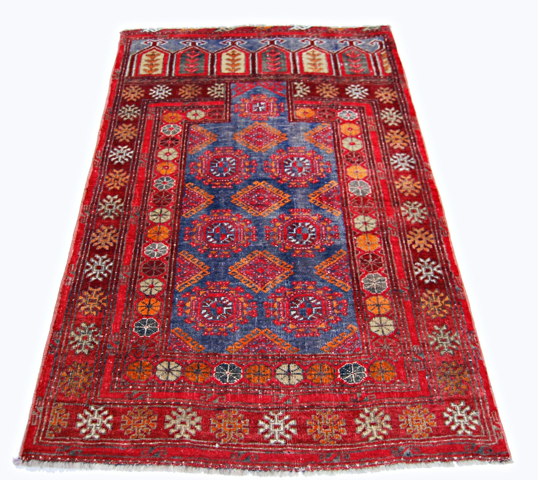 Handmade Vintage Afghan Turkmen Prayer Rug | 111 x 77 cm | 3'8" x 2'6" - Najaf Rugs & Textile