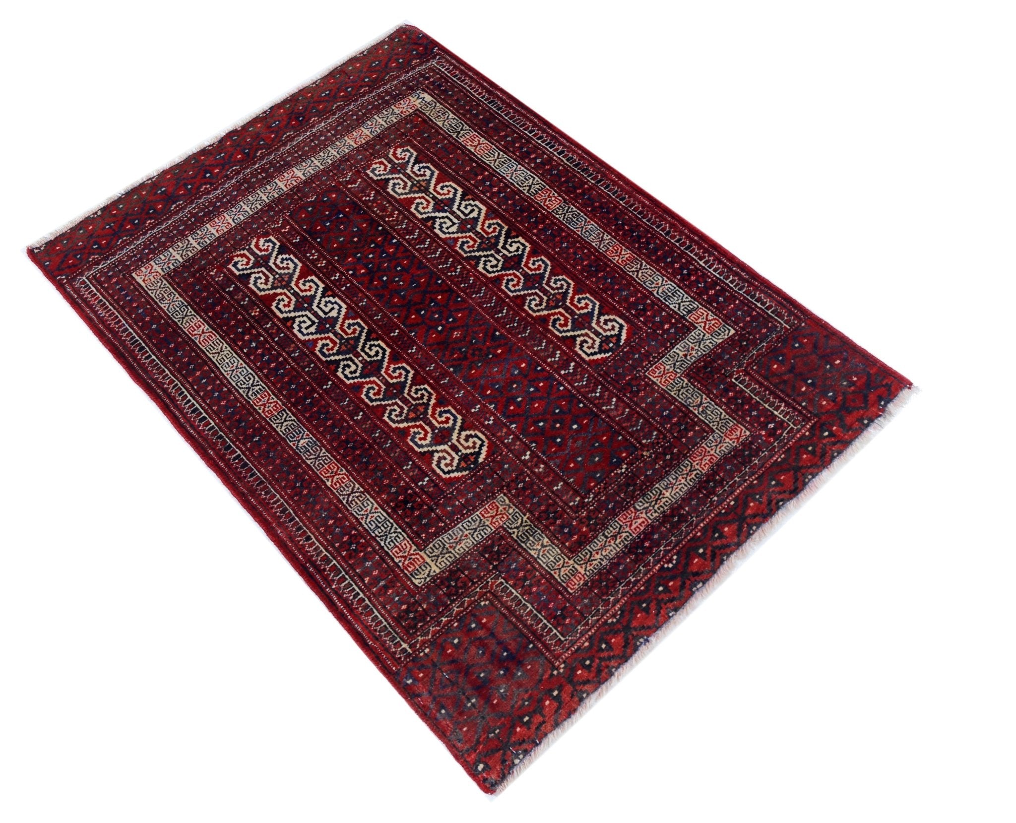 Handmade Vintage Afghan Turkmen Prayer Rug | 117 x 83 cm | 3'10" x 2'9" - Najaf Rugs & Textile