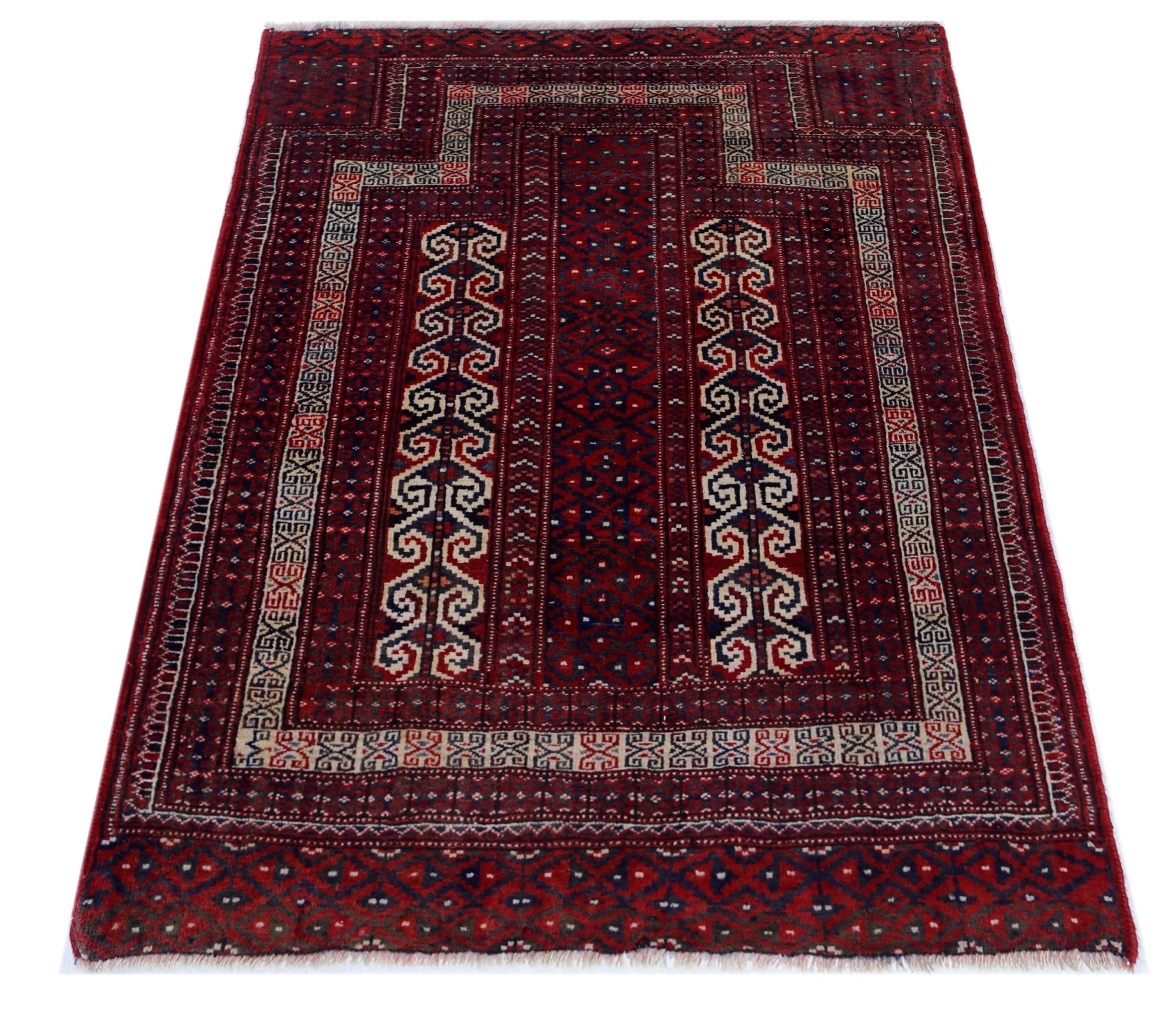 Handmade Vintage Afghan Turkmen Prayer Rug | 117 x 83 cm | 3'10" x 2'9" - Najaf Rugs & Textile