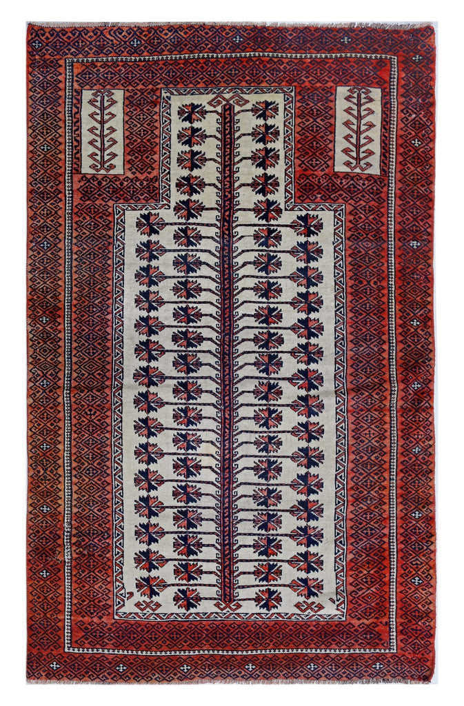 Handmade Vintage Afghan Turkmen Prayer Rug | 160 x 100 cm | 5'3" x 3'3" - Najaf Rugs & Textile