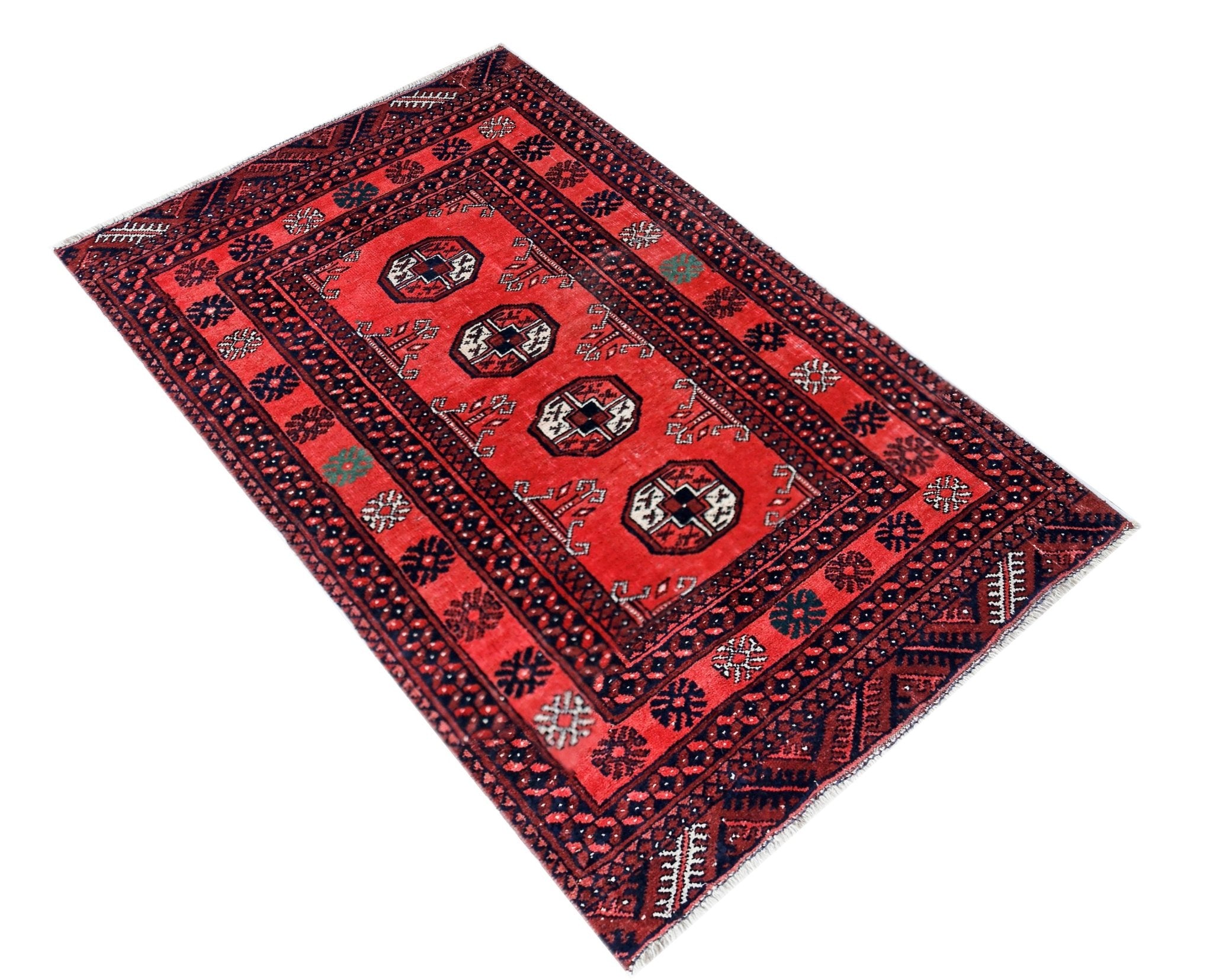 Handmade Vintage Afghan Turkmen Rug | 117 x 72 cm | 3'10" x 2'4" - Najaf Rugs & Textile