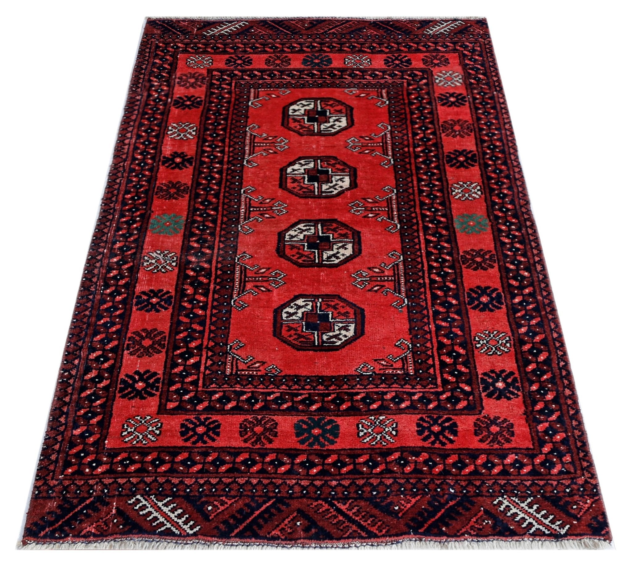 Handmade Vintage Afghan Turkmen Rug | 117 x 72 cm | 3'10" x 2'4" - Najaf Rugs & Textile