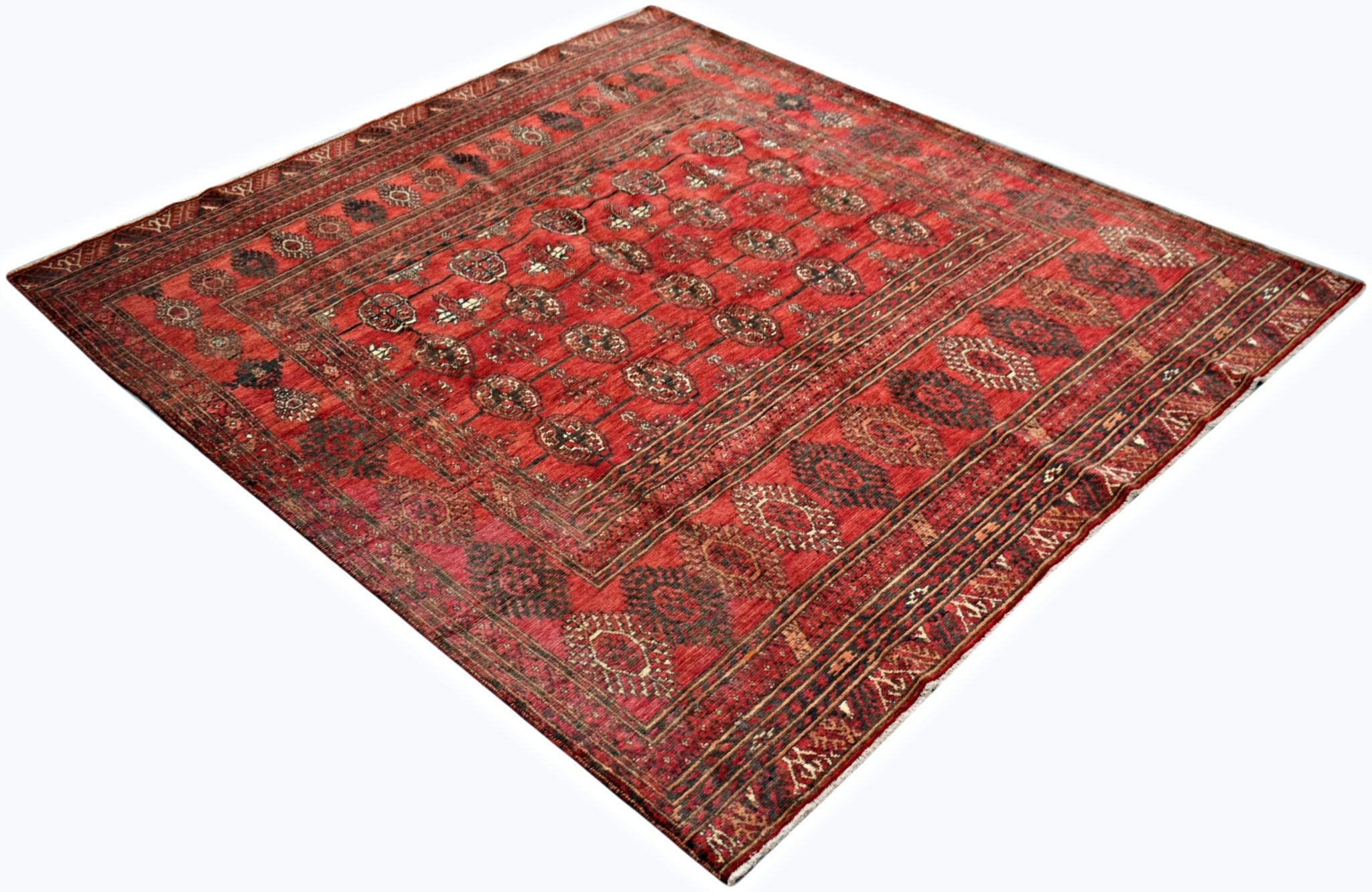Handmade Vintage Afghan Turkmen Rug | 231 x 207 cm | 7'7" x 6'10" - Najaf Rugs & Textile