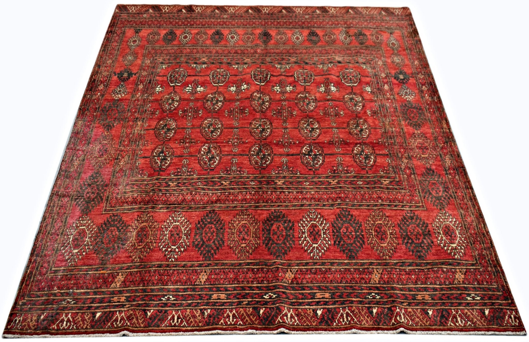 Handmade Vintage Afghan Turkmen Rug | 231 x 207 cm | 7'7" x 6'10" - Najaf Rugs & Textile