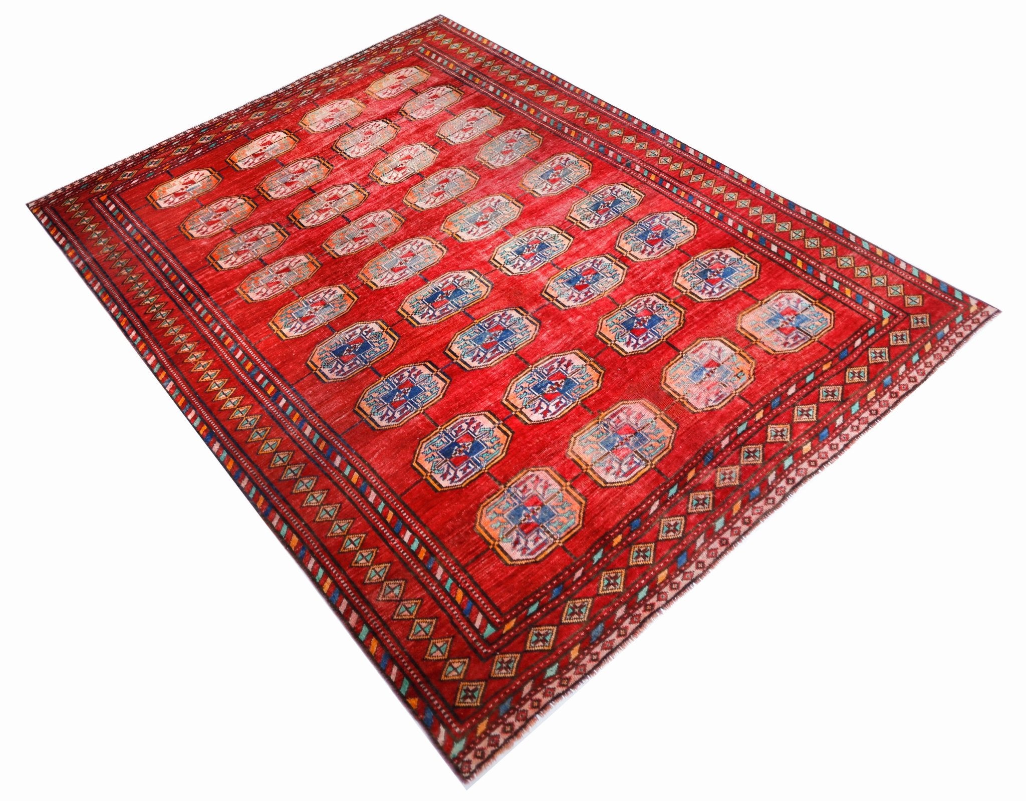 Handmade Vintage Afghan Turkmen Rug | 279 x 230 cm | 9'2" x 7'6" - Najaf Rugs & Textile