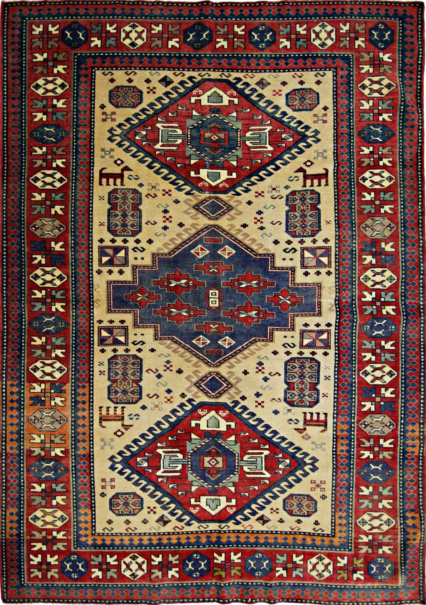 Handmade Vintage Caucasian Kazakh Rug | 222 x 146 cm | 7'4" x 4'9" - Najaf Rugs & Textile