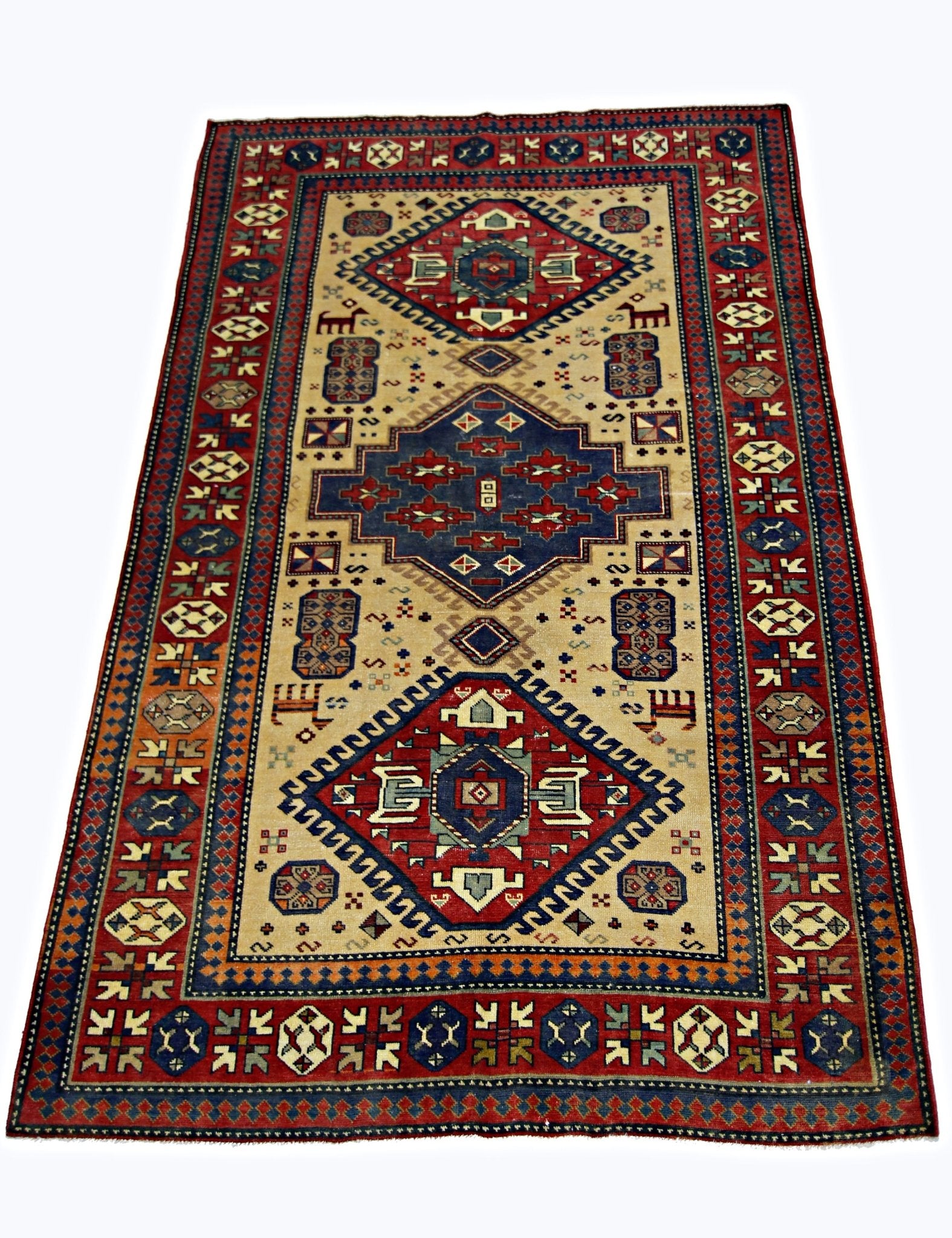 Handmade Vintage Caucasian Kazakh Rug | 222 x 146 cm | 7'4" x 4'9" - Najaf Rugs & Textile