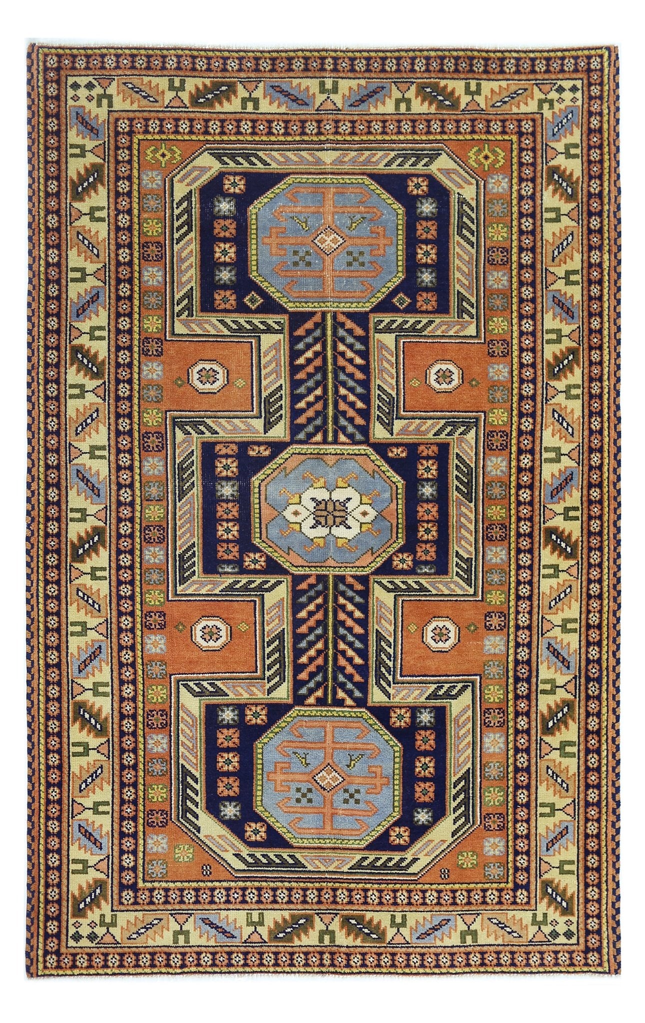 Handmade Vintage Caucasian Kazakh Rug | 246 x 155 cm | 8'1" x 5'1" - Najaf Rugs & Textile