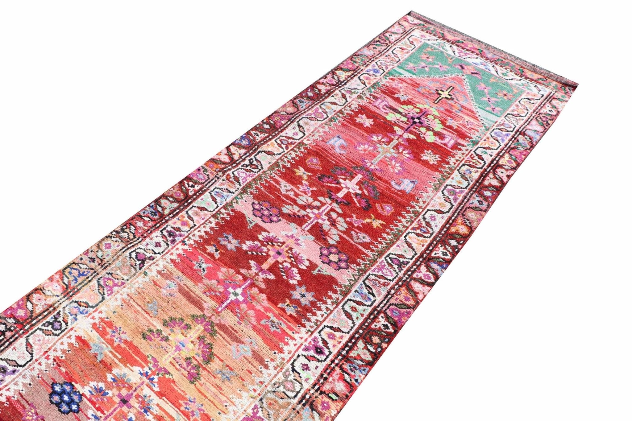 Handmade Vintage Kurdish Herki Hallway Runner | 418 x 87 cm | 13'7" x 2'8" - Najaf Rugs & Textile