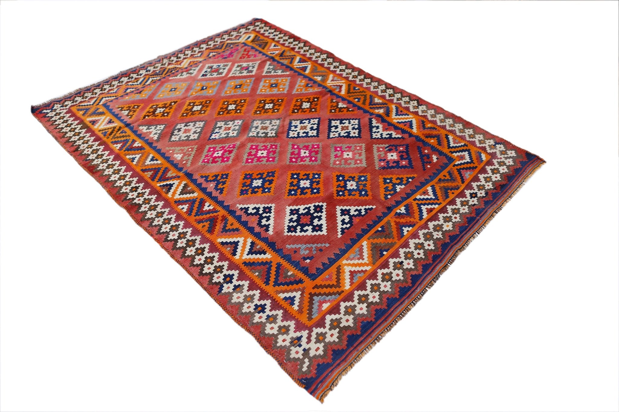 Handmade Vintage Persian Ghasghai Kilim | 221 x 158 cm | 7'3" x 5'2" - Najaf Rugs & Textile