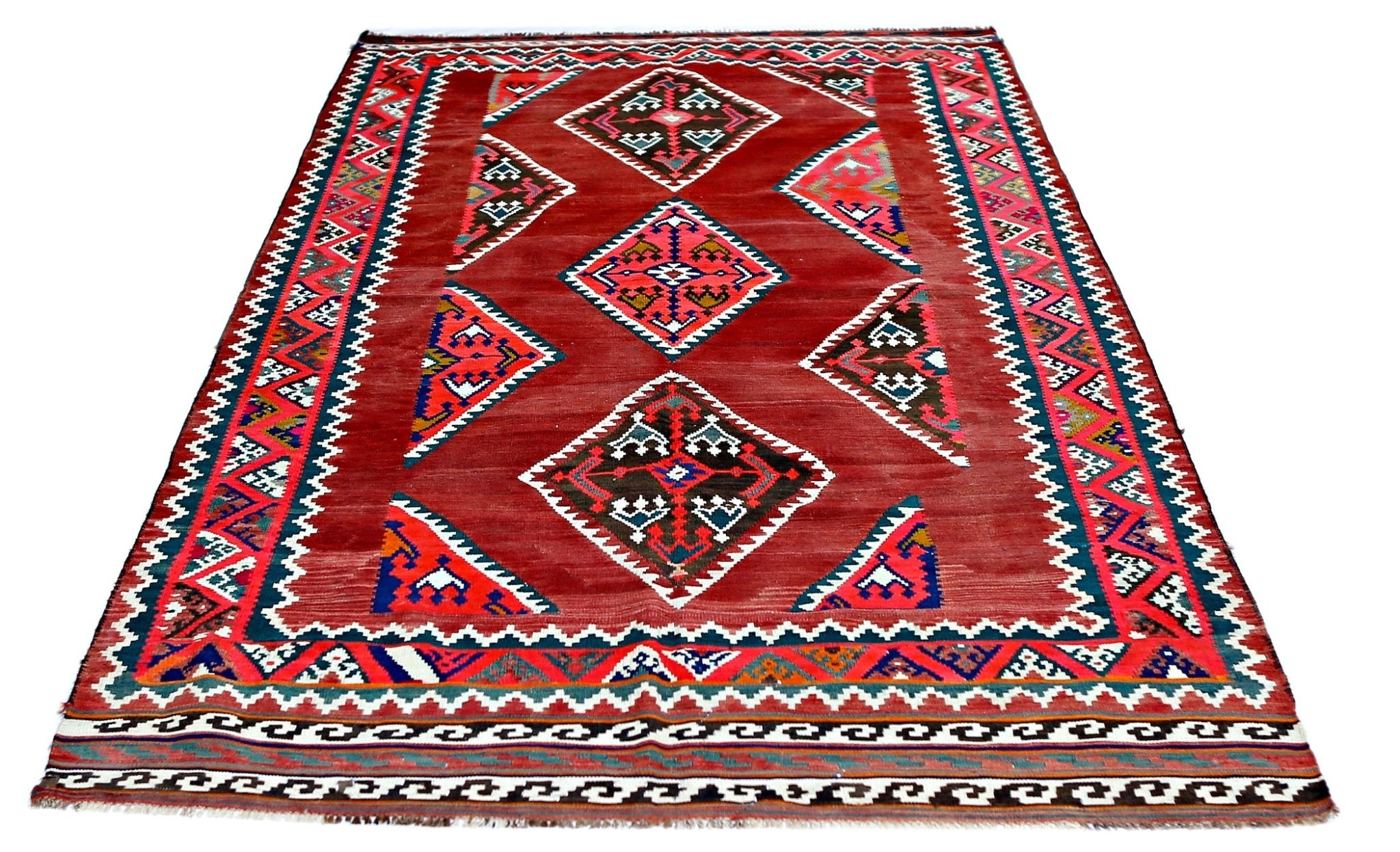 Handmade Vintage Persian Ghasghai Kilim | 244 x 148 cm | 8' x 4'10" - Najaf Rugs & Textile