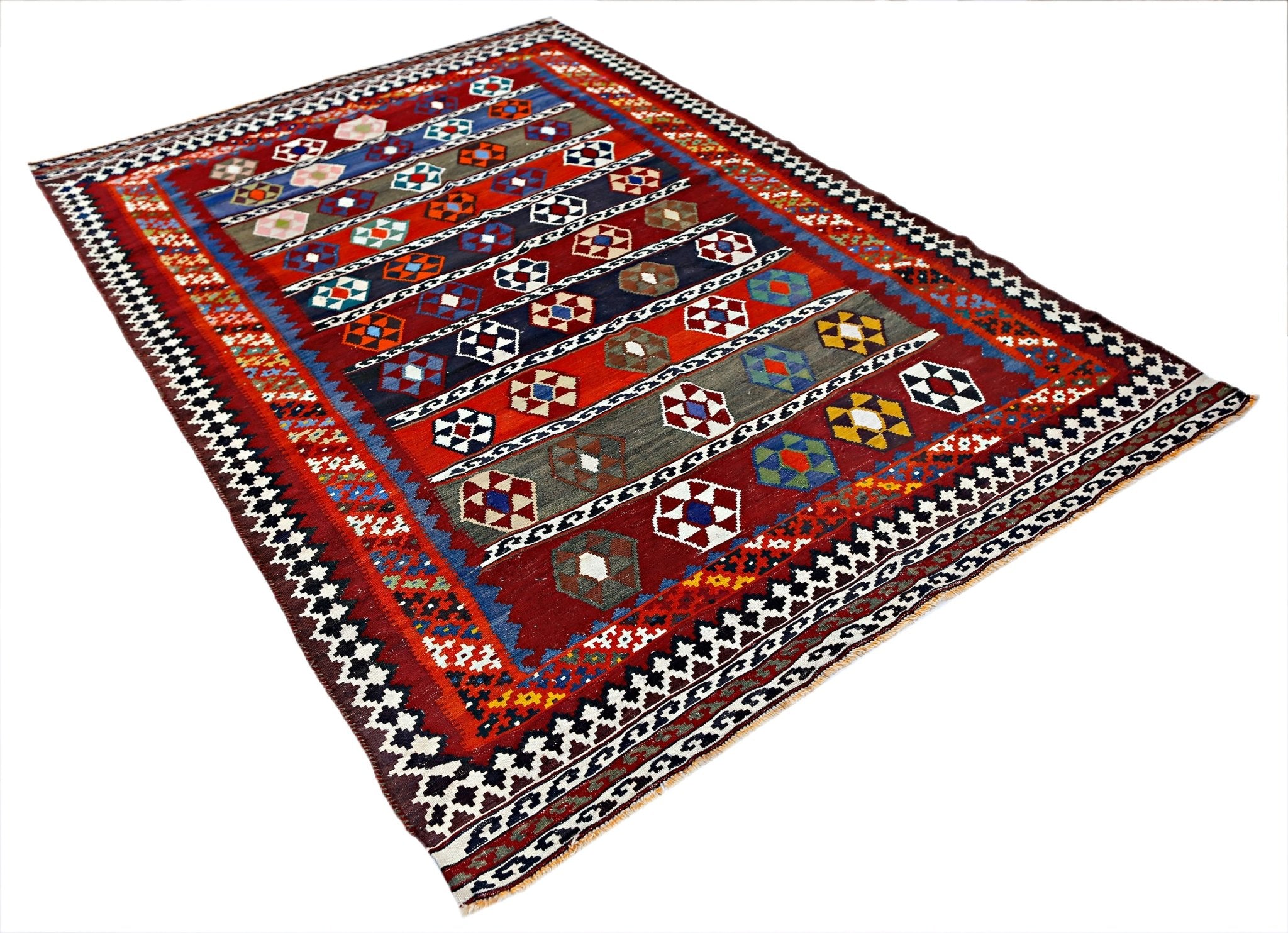 Handmade Vintage Persian Ghasghai Kilim | 274 x 179 cm | 9' x 5'10" - Najaf Rugs & Textile