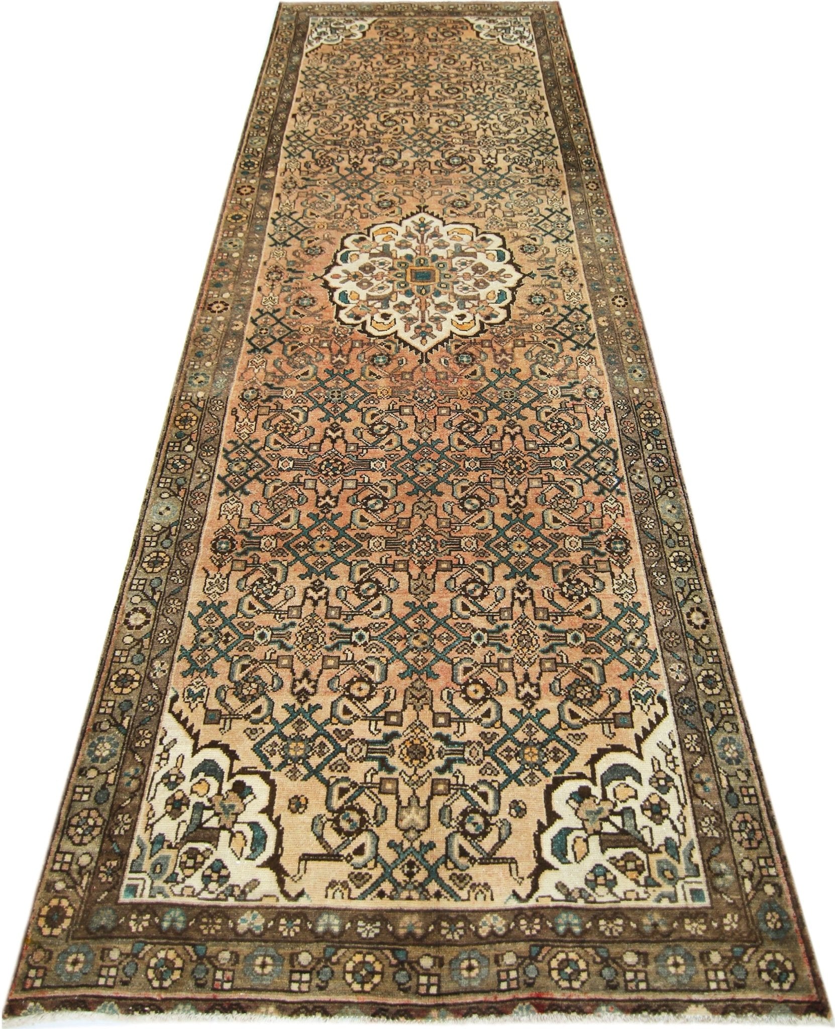 Handmade Vintage Persian Hossainabad Hallway Runner | 300 x 107 cm | 9'10" x 3'6" - Najaf Rugs & Textile