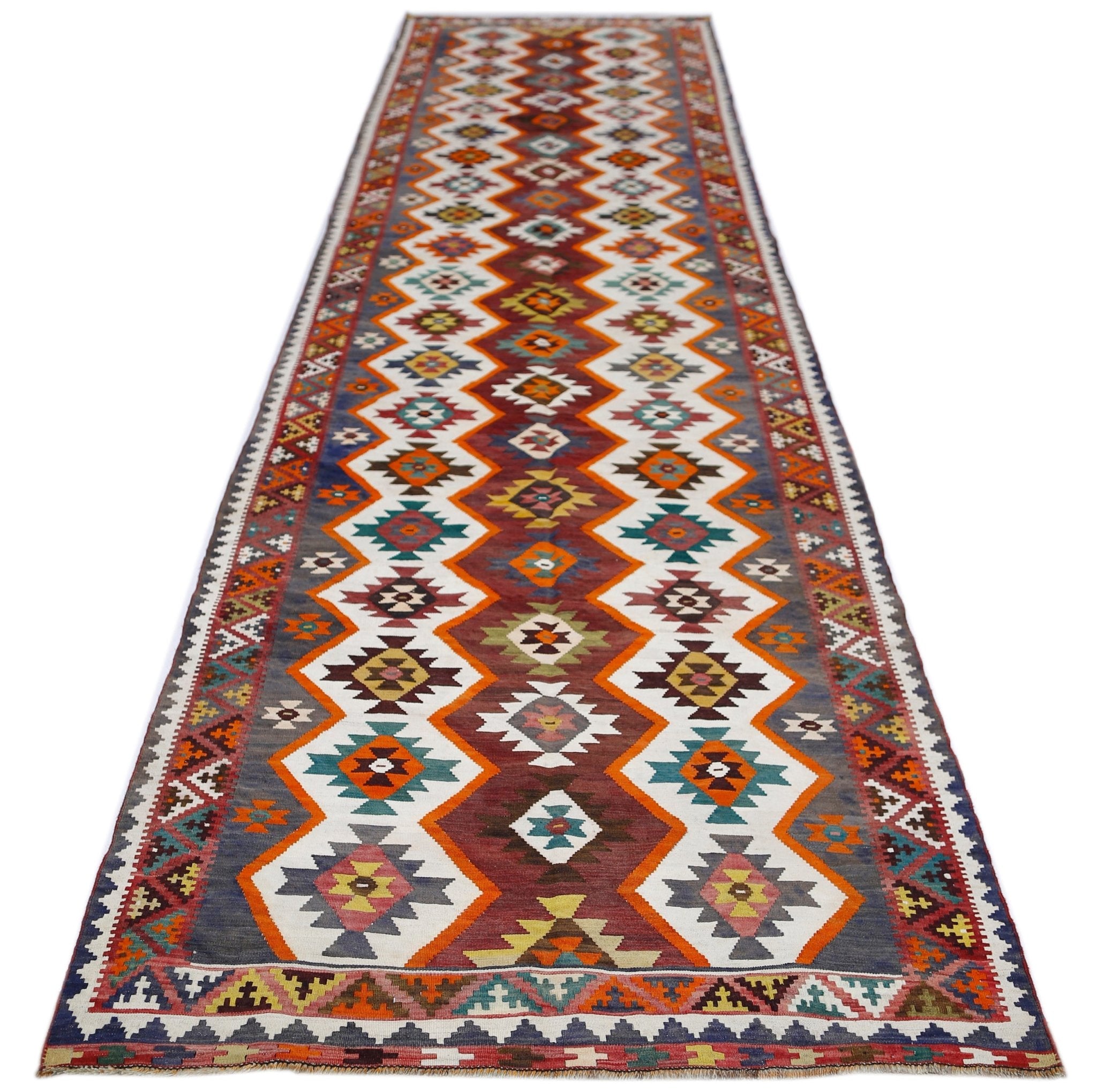 Handmade Vintage Persian Kilim Hallway Runner | 461 x 136 cm | 15'1" x 4'5" - Najaf Rugs & Textile