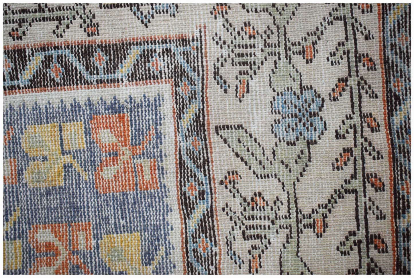A close-up of a vintage Persian rug featuring intricate floral patterns in blue, orange, and yellow.