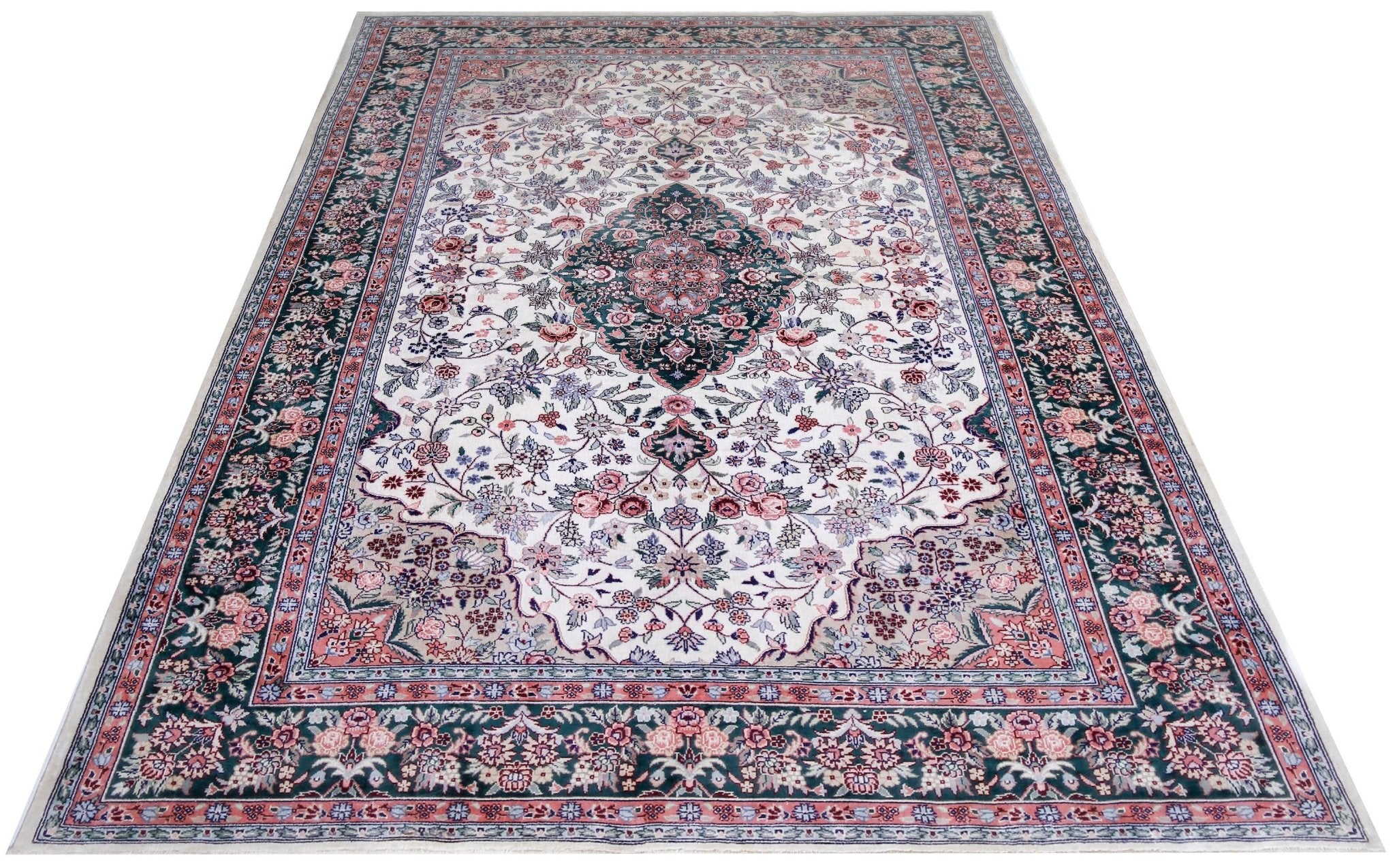 Handmade Vintage Silk Kashmiri Rug | 248 x 166 cm | 8'2" x 5'5" - Najaf Rugs & Textile
