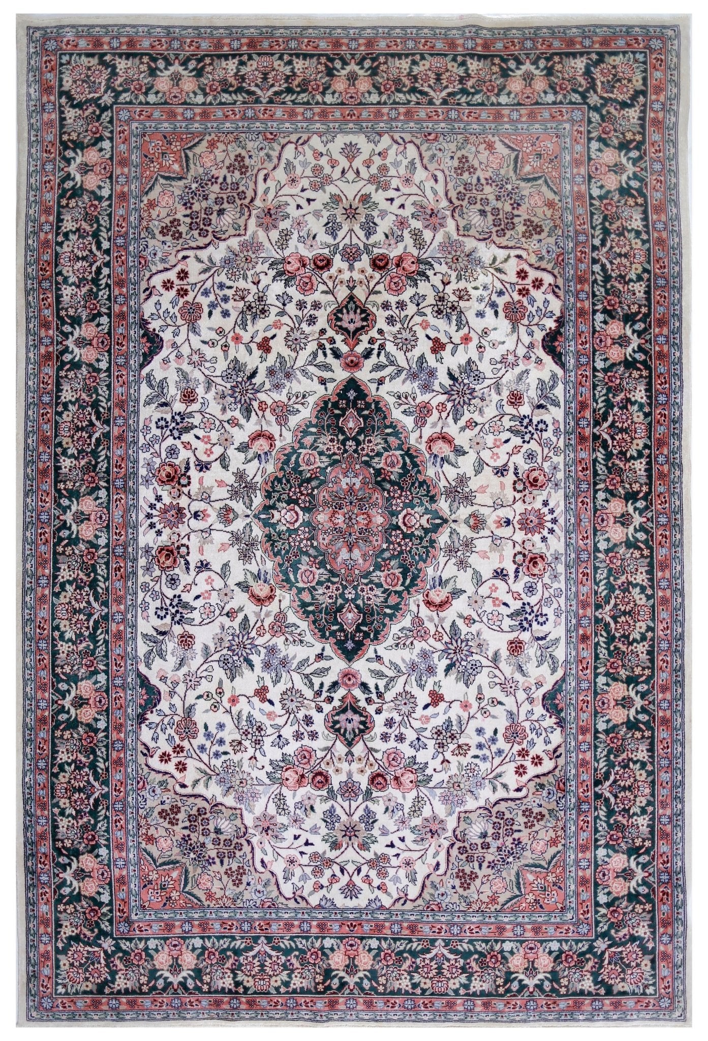 Handmade Vintage Silk Kashmiri Rug | 248 x 166 cm | 8'2" x 5'5" - Najaf Rugs & Textile