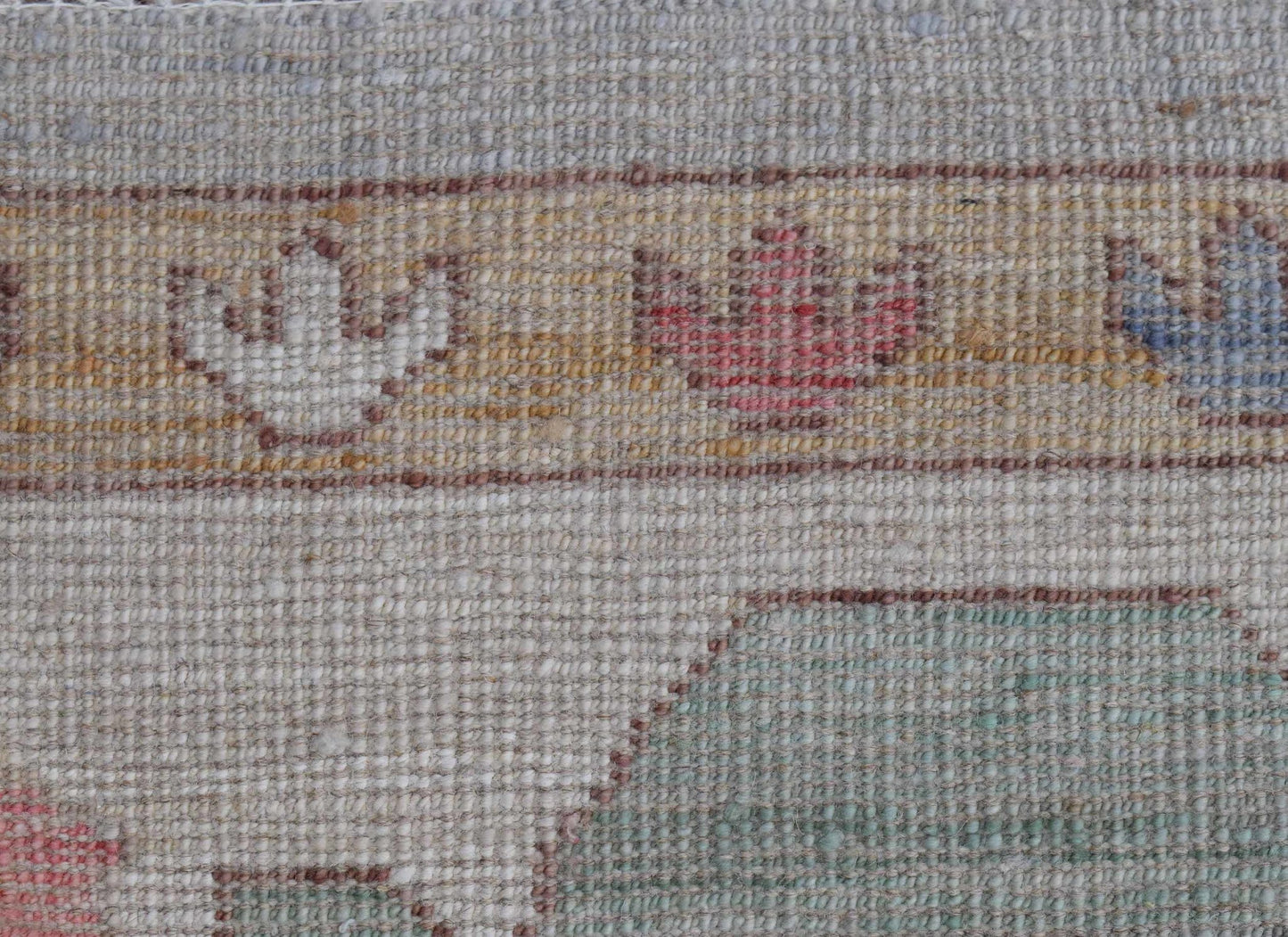 A close-up of a handwoven wool rug featuring a floral border pattern in muted tones.