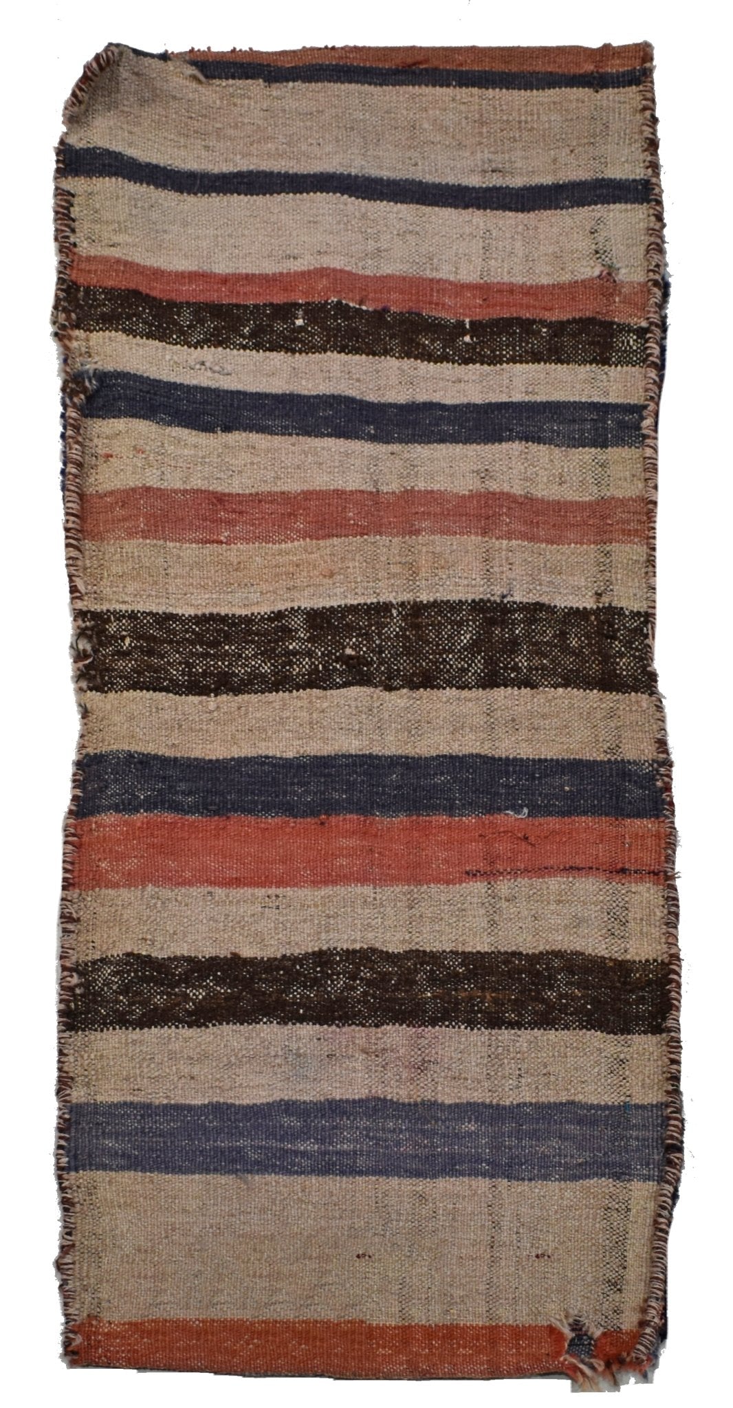 A vintage handmade Afghan wool saddle bag featuring a striped pattern in red, blue, and brown.