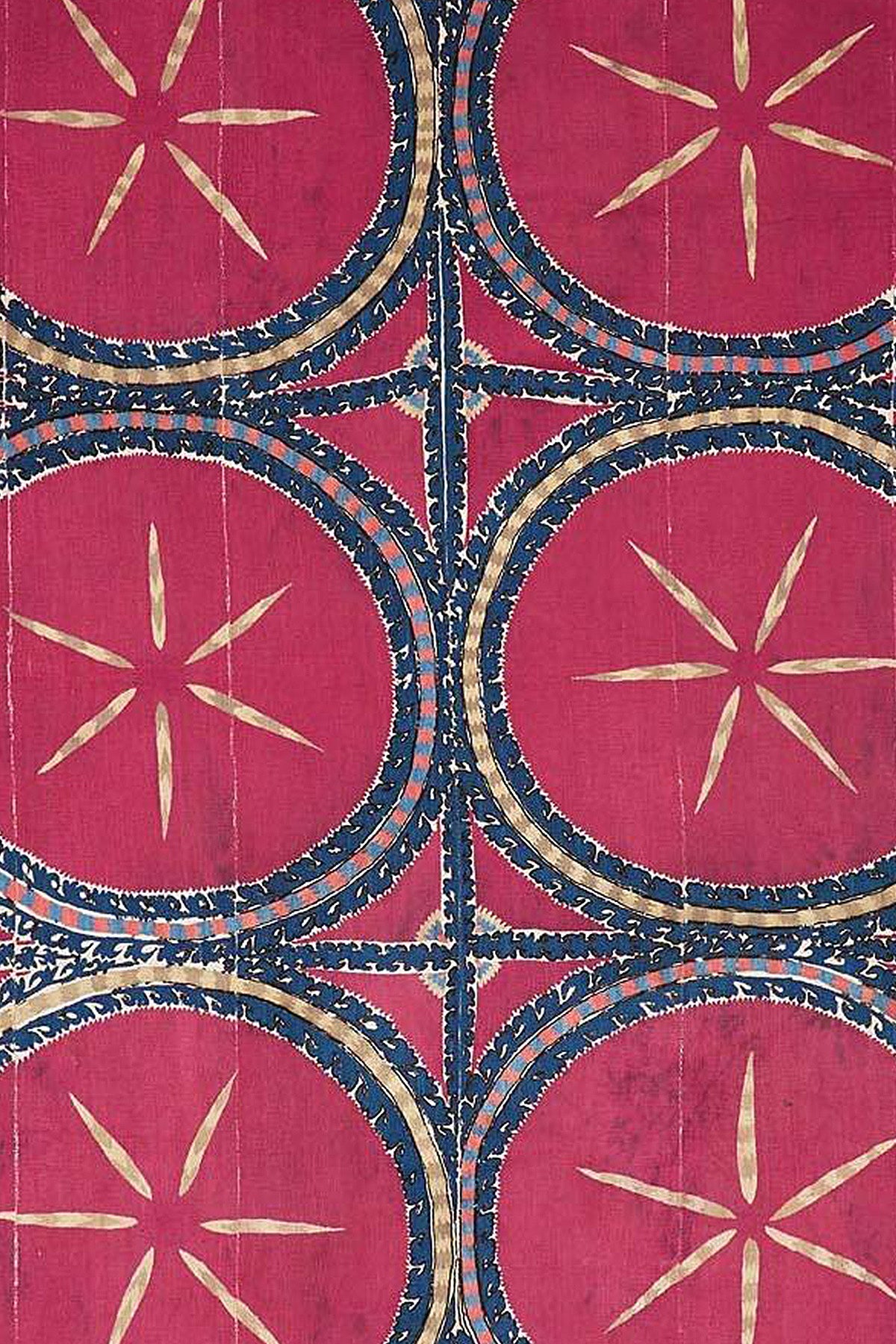Antique silk Uzbek suzani featuring a repeating pattern of embroidered celestial moon motifs.