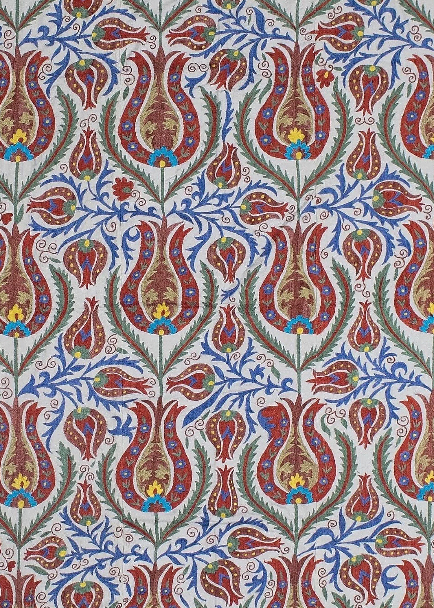 Hand-embroidered Uzbek Suzani textile featuring a repeating floral and pomegranate motif.
