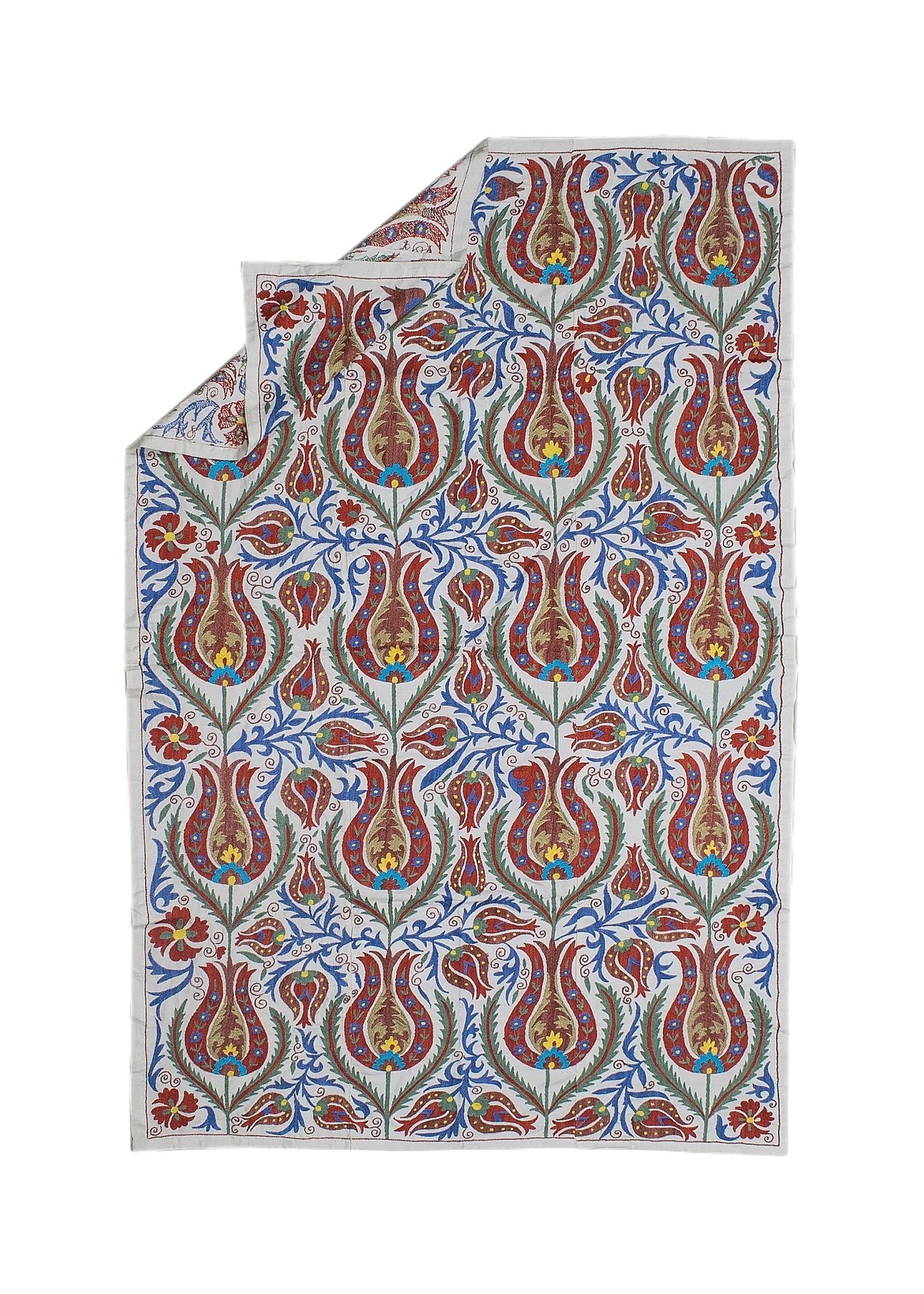 Hand-embroidered Uzbek suzani featuring a repeating floral pattern in red, blue, and gold on cotton.