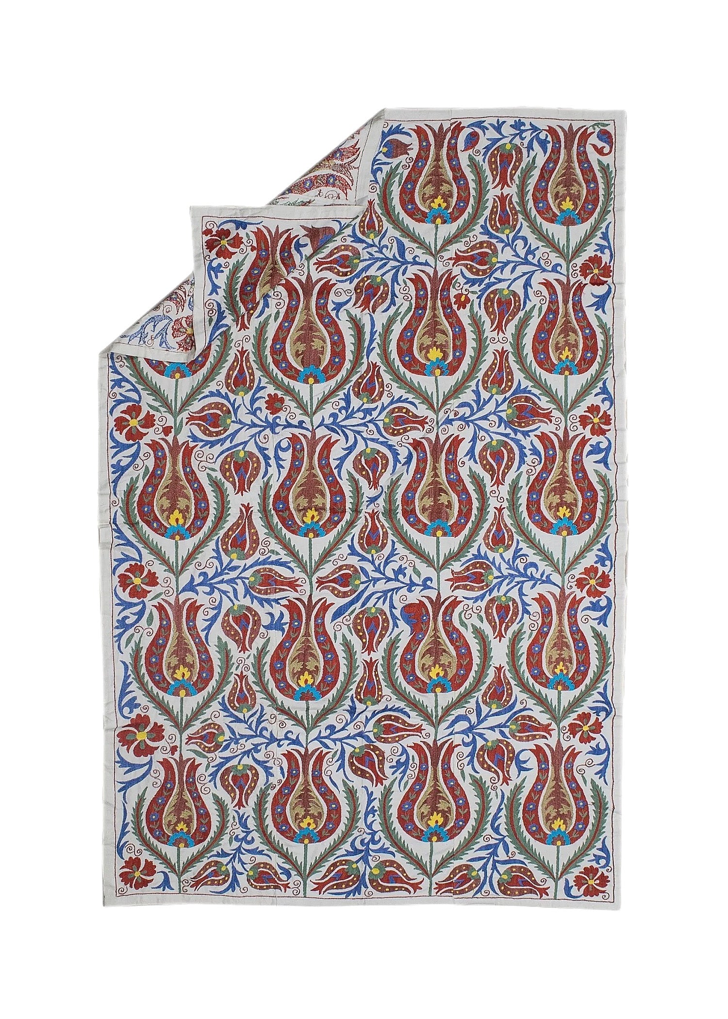 Hand-embroidered Uzbek suzani featuring a repeating floral pattern in red, blue, and gold on cotton.