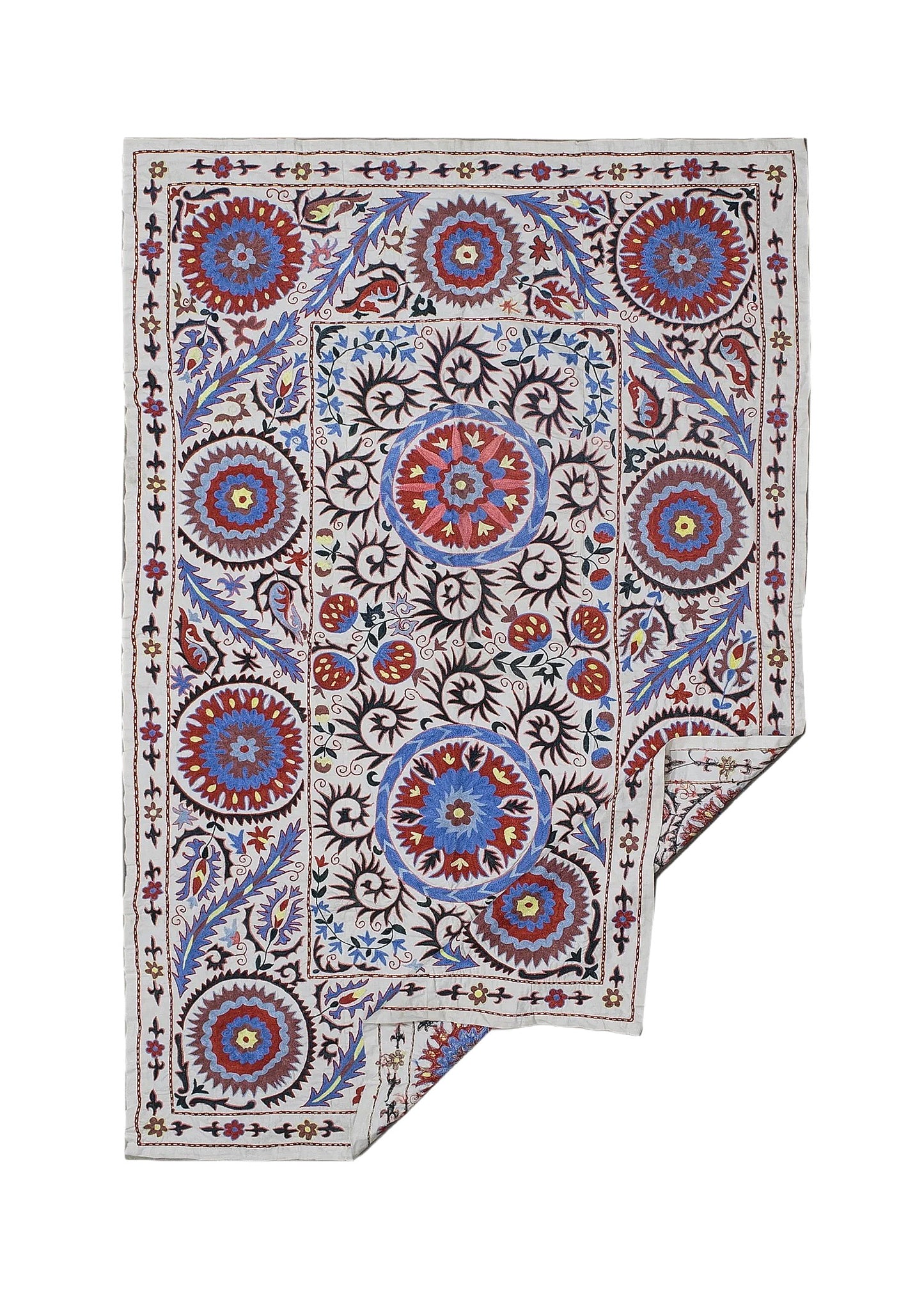 A rectangular Uzbek suzani featuring hand-embroidered floral and circular motifs on a cotton base.