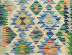 Handmade Afghan Maimana kilim runner featuring a colorful geometric diamond pattern.