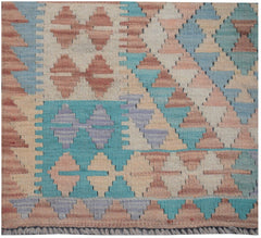 Handmade Afghan Maimana kilim runner featuring a geometric pattern in soft pastel tones.
