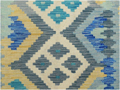 Handmade Afghan Maimana kilim runner featuring a geometric pattern in blue, grey, and yellow.