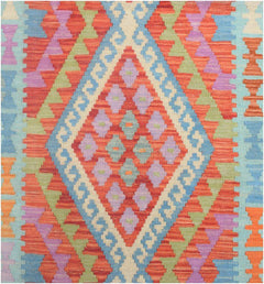 Handmade Afghan Maimana kilim runner featuring a vibrant geometric diamond pattern in wool.