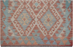 Handmade Afghan Maimana kilim runner featuring a geometric diamond pattern in muted earth tones.