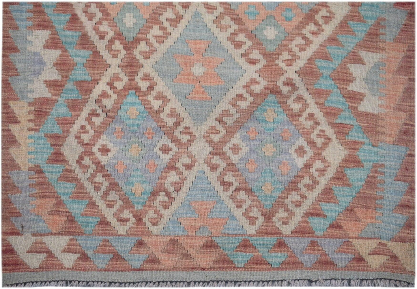 Handmade Afghan Maimana kilim runner featuring a geometric diamond pattern in muted earth tones.