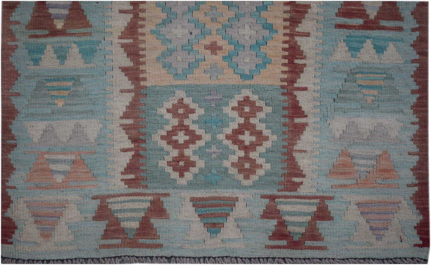 Handmade Afghan Maimana kilim runner featuring geometric patterns in blue, red, and beige tones.
