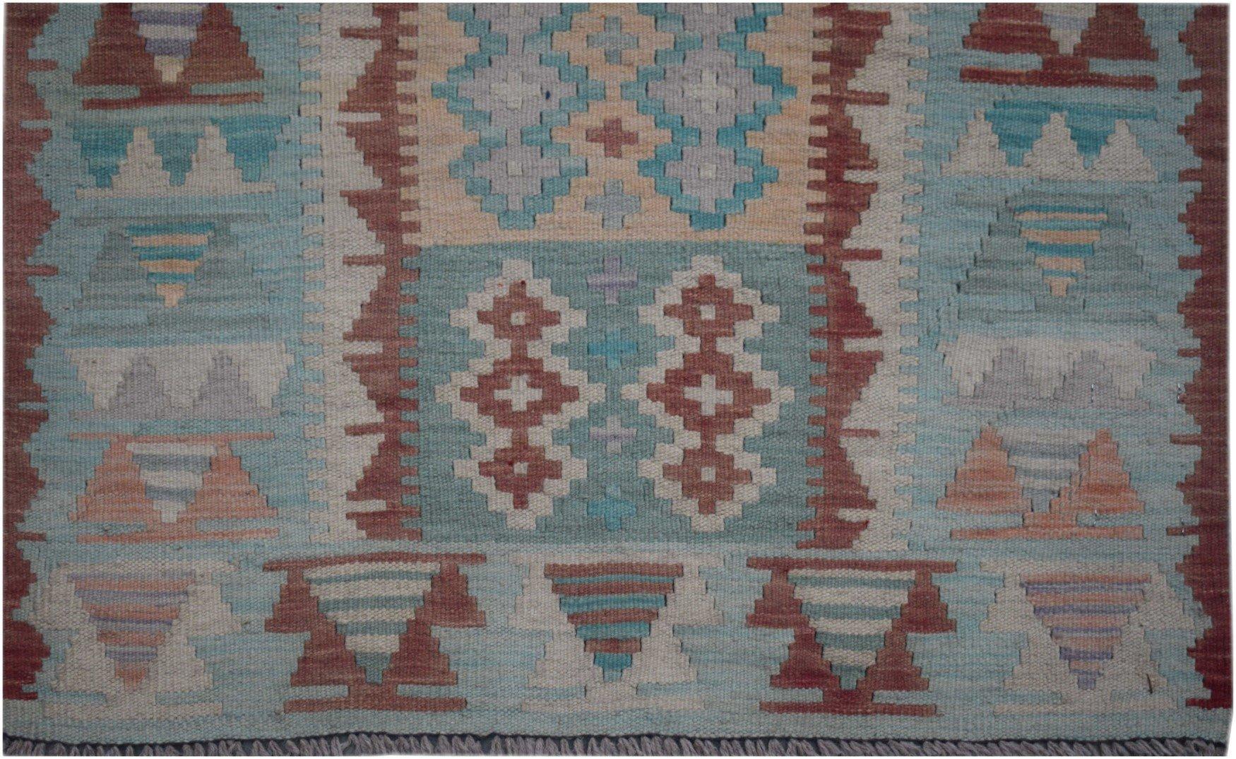 Handmade Afghan Maimana kilim runner featuring geometric patterns in blue, red, and beige tones.