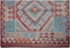 Handmade Afghan Maimana kilim runner featuring geometric diamond patterns in red and blue tones.