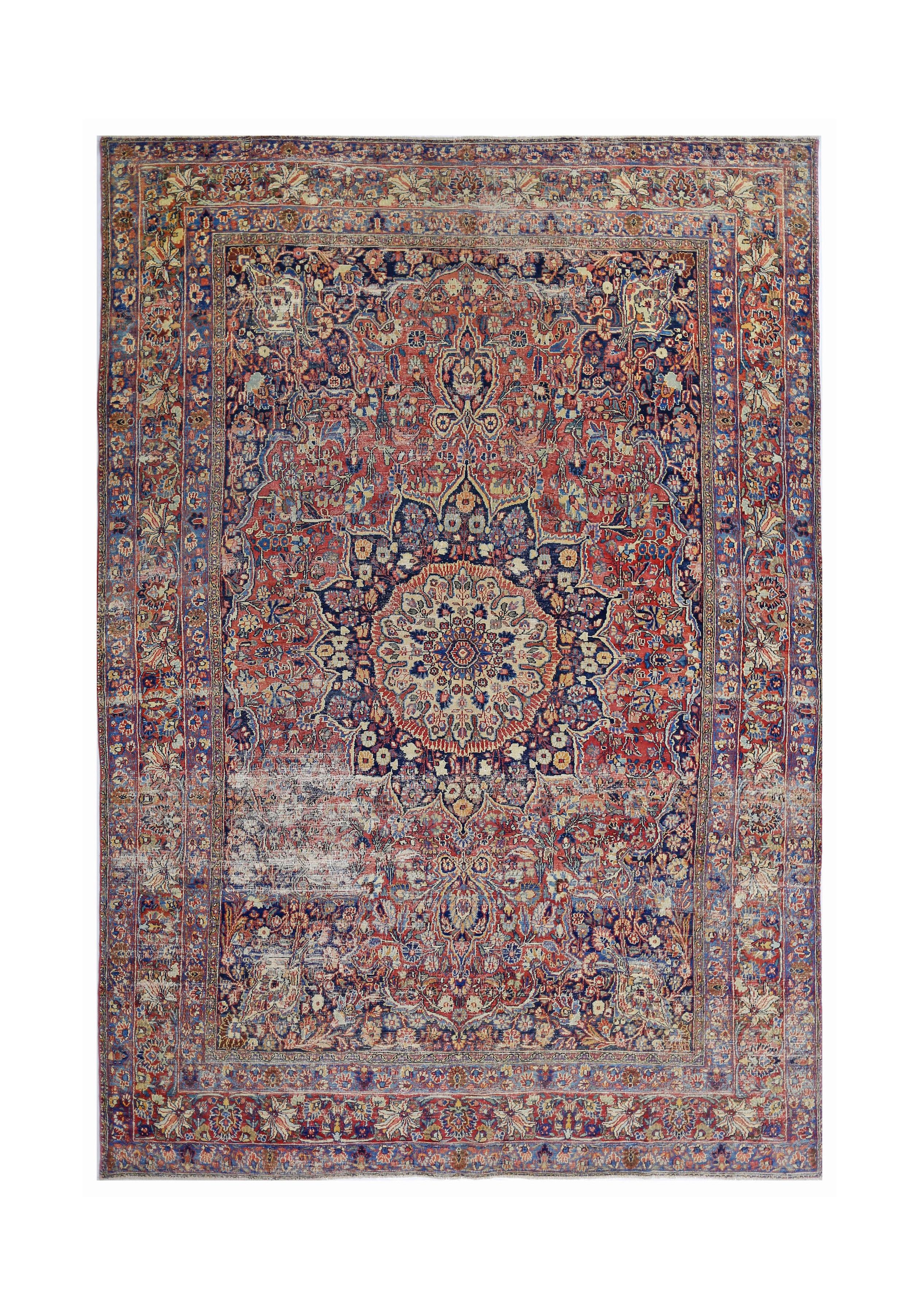 A vintage Persian Moud rug featuring a central floral medallion on a red and blue patterned field.