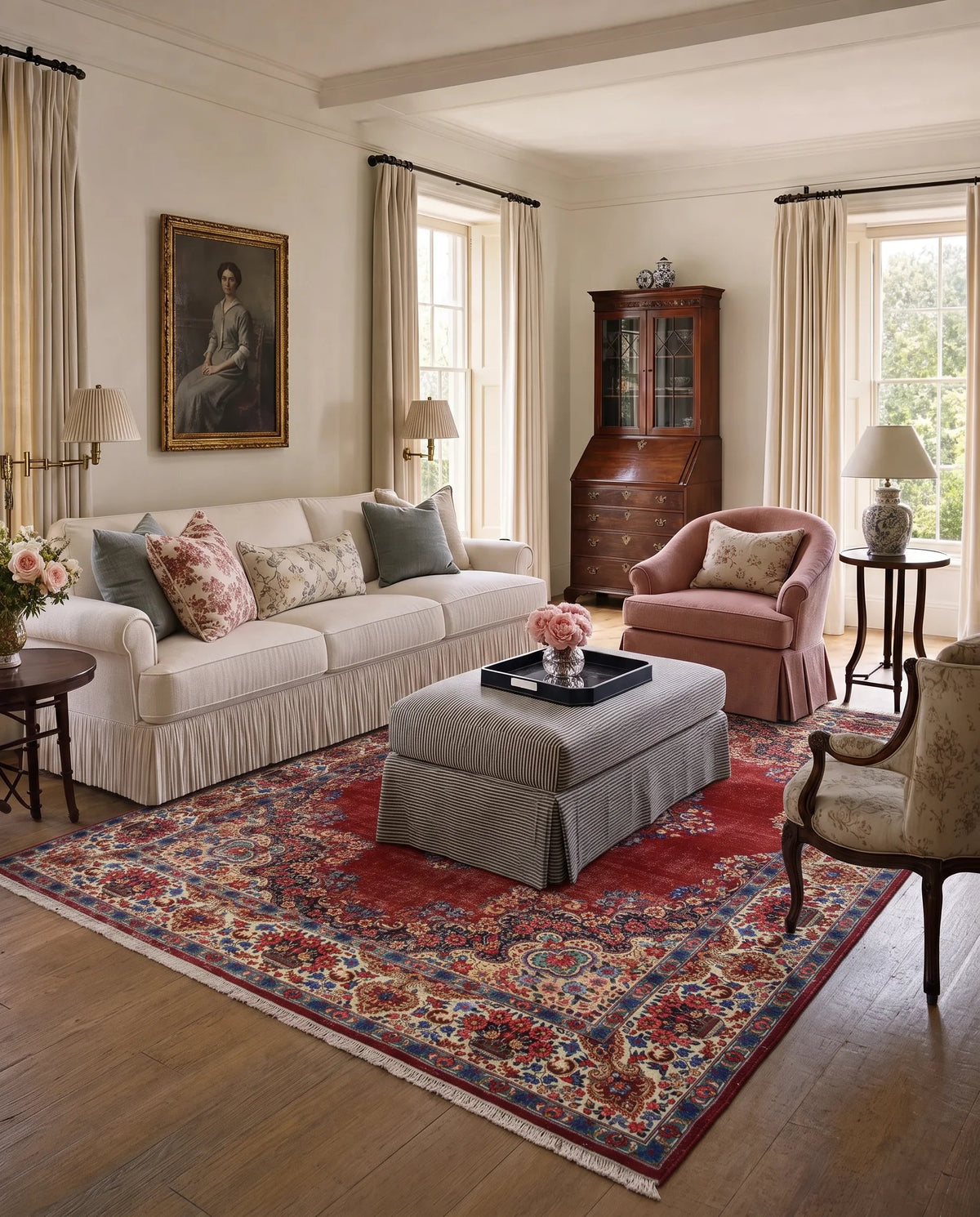Hand-knotted vintage Kerman rug with a red floral field and intricate central medallion in a traditional living room.