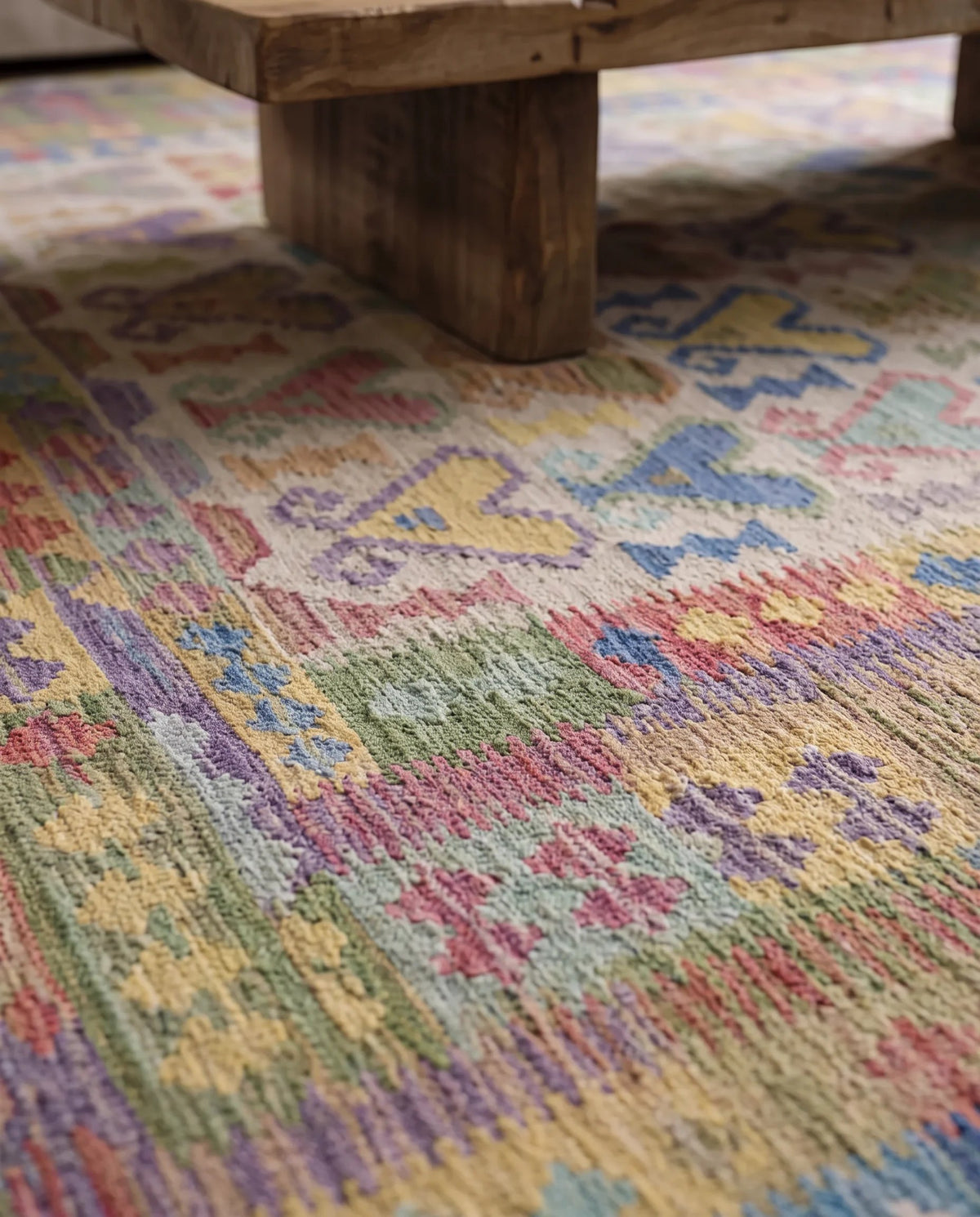 Handwoven Afghan Maimana kilim in Ghazni wool featuring a colourful geometric flatweave pattern under a wooden table.