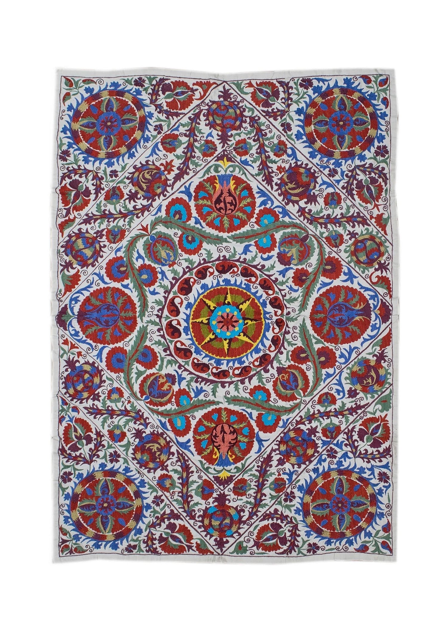 Hand-embroidered Uzbek suzani featuring vibrant floral and celestial motifs on a white cotton base.